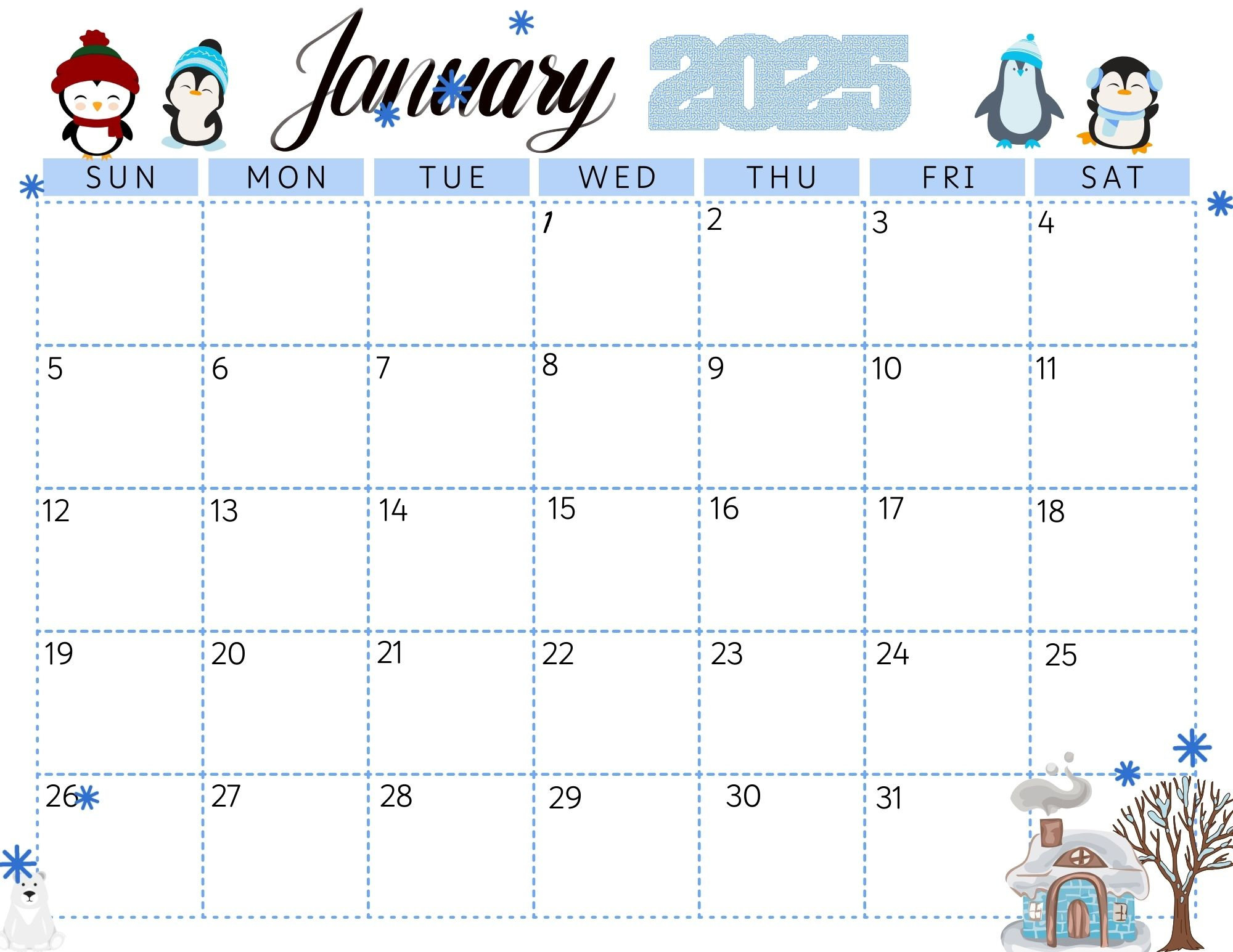 Kalender Januar 2025 (Digital, Druckbar) | Calendario Enero 2025