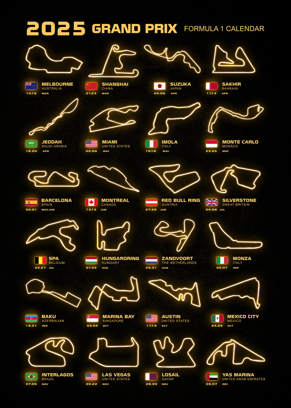 Láminas Decorativas Para Enmarcar | Formula 1 Season Calendar 2025 | Calendario Fórmula 1 2025