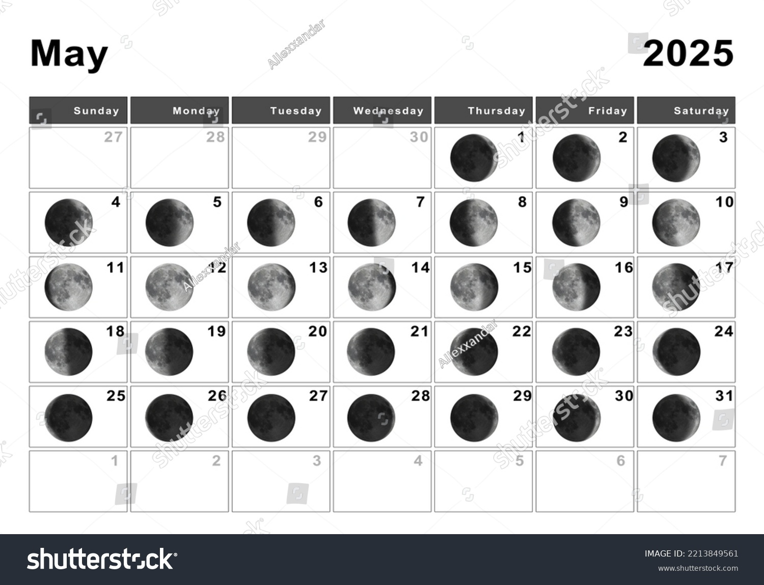Mai 2025 Mondkalender, Mondzyklen, Mondphasen: Stockillustration | Calendario Lunar 2025