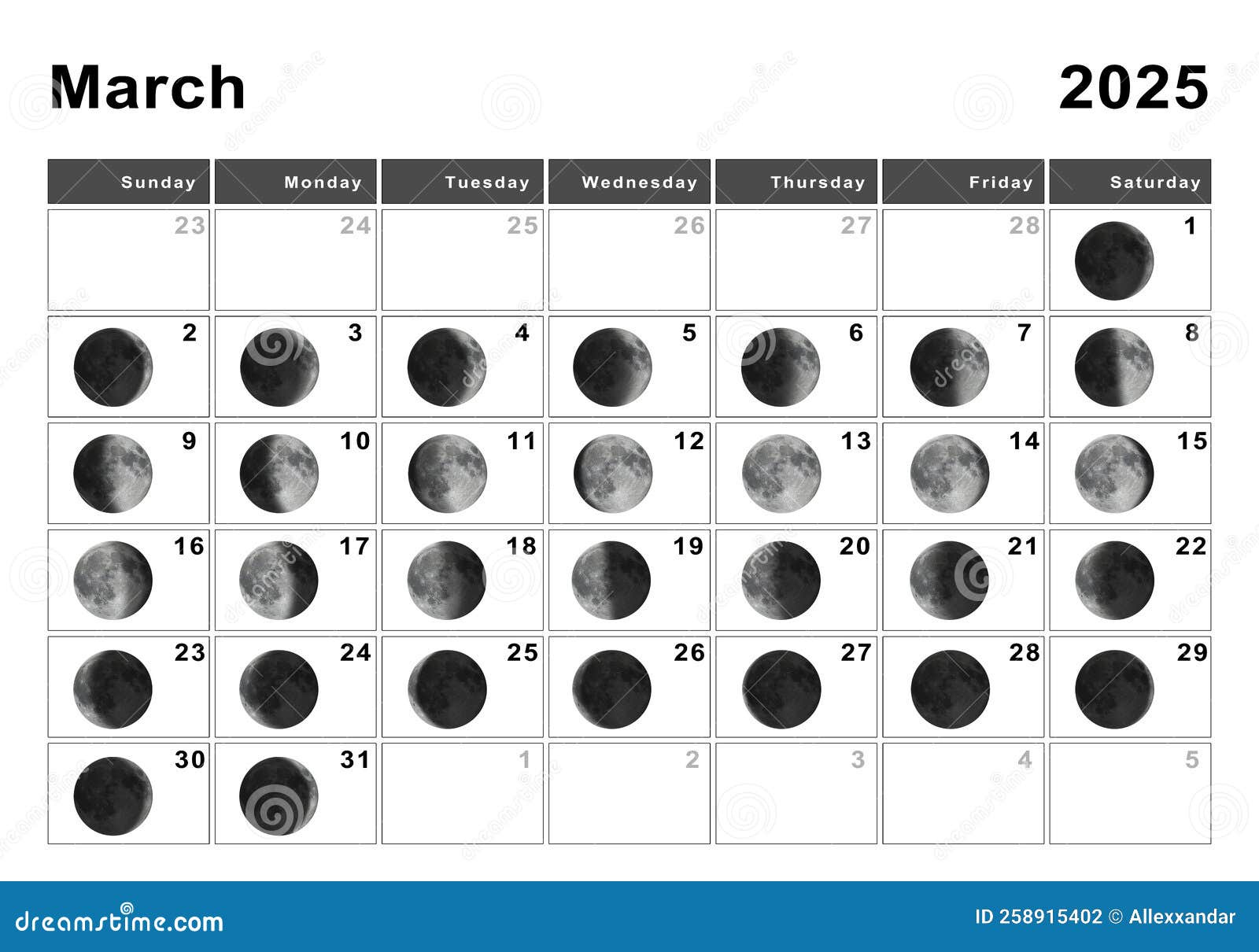 March 2025 Lunar Calendar, Moon Cycles Stock Illustration | Calendario Lunar Marzo 2025