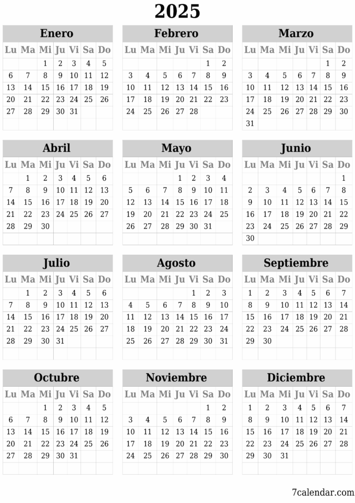 Calendario 2025 En Español Para Imprimir