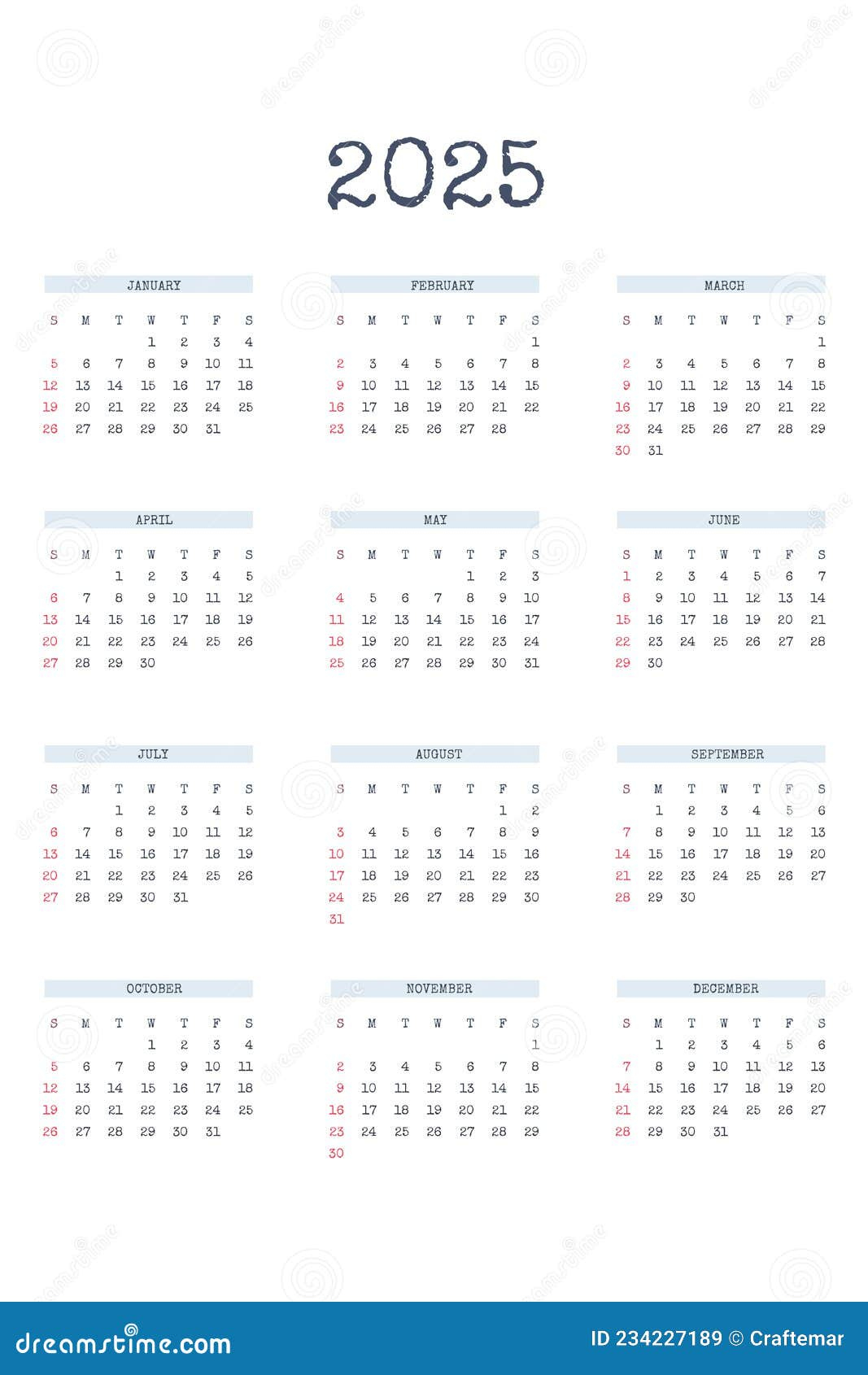 Plantilla De Calendario 2025 En Estilo Estricto Clásico Con Tipo | Plantilla Calendario 2025