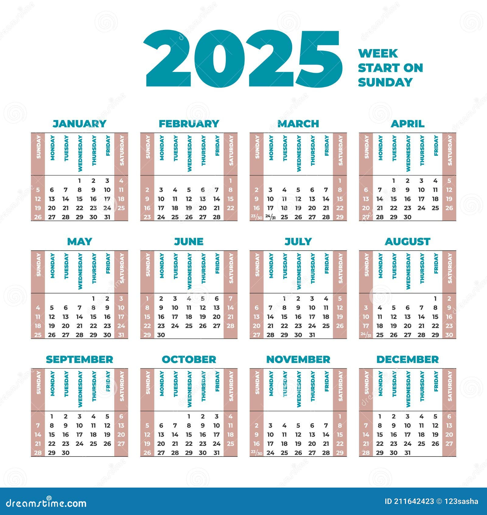 Plantilla De Calendario De 2025 Con Semanas Que Comienzan El | Calendario Con Semanas 2025