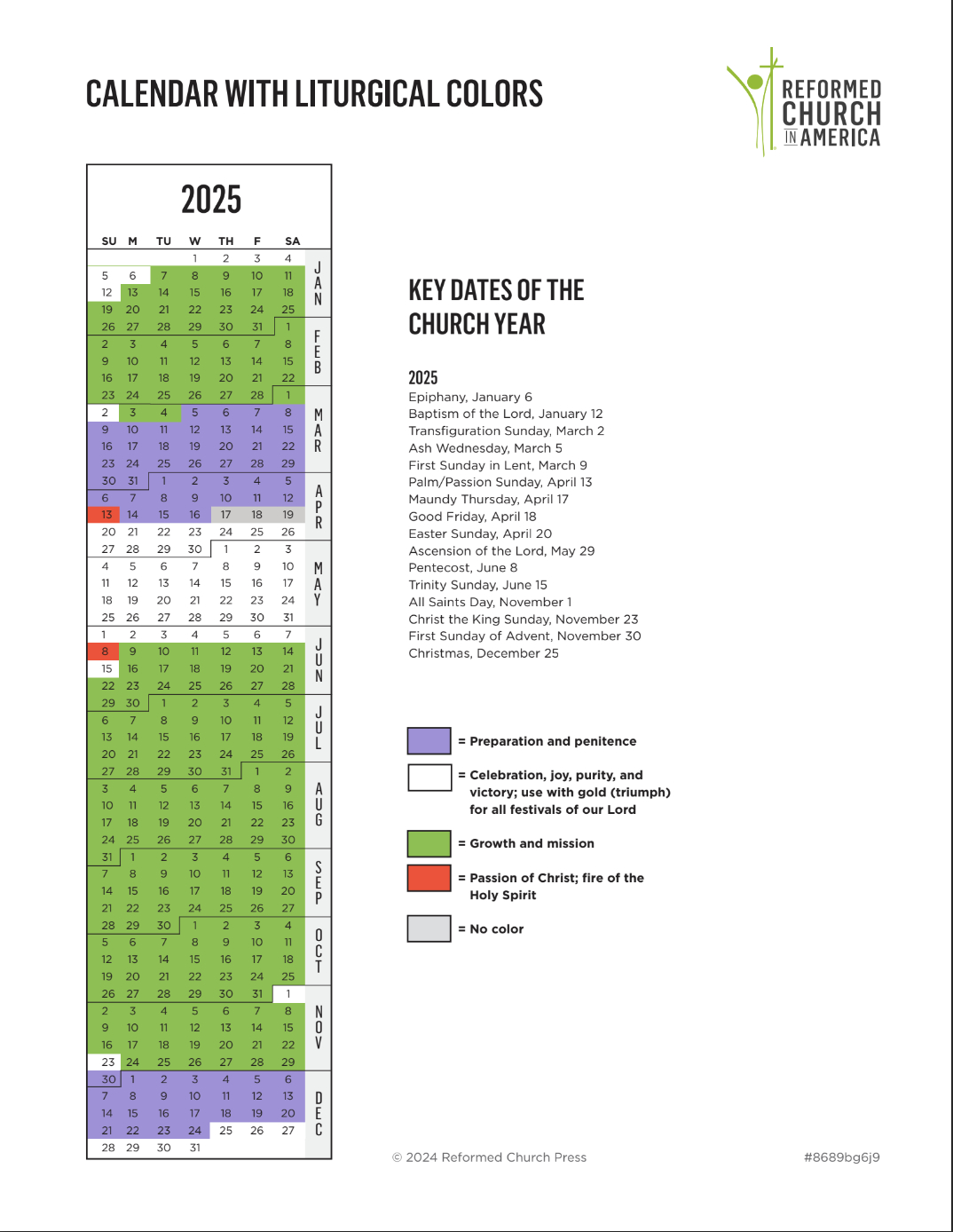 Rca Calendário Litúrgico | Igreja Reformada Na América | Calendario Litúrgico 2025