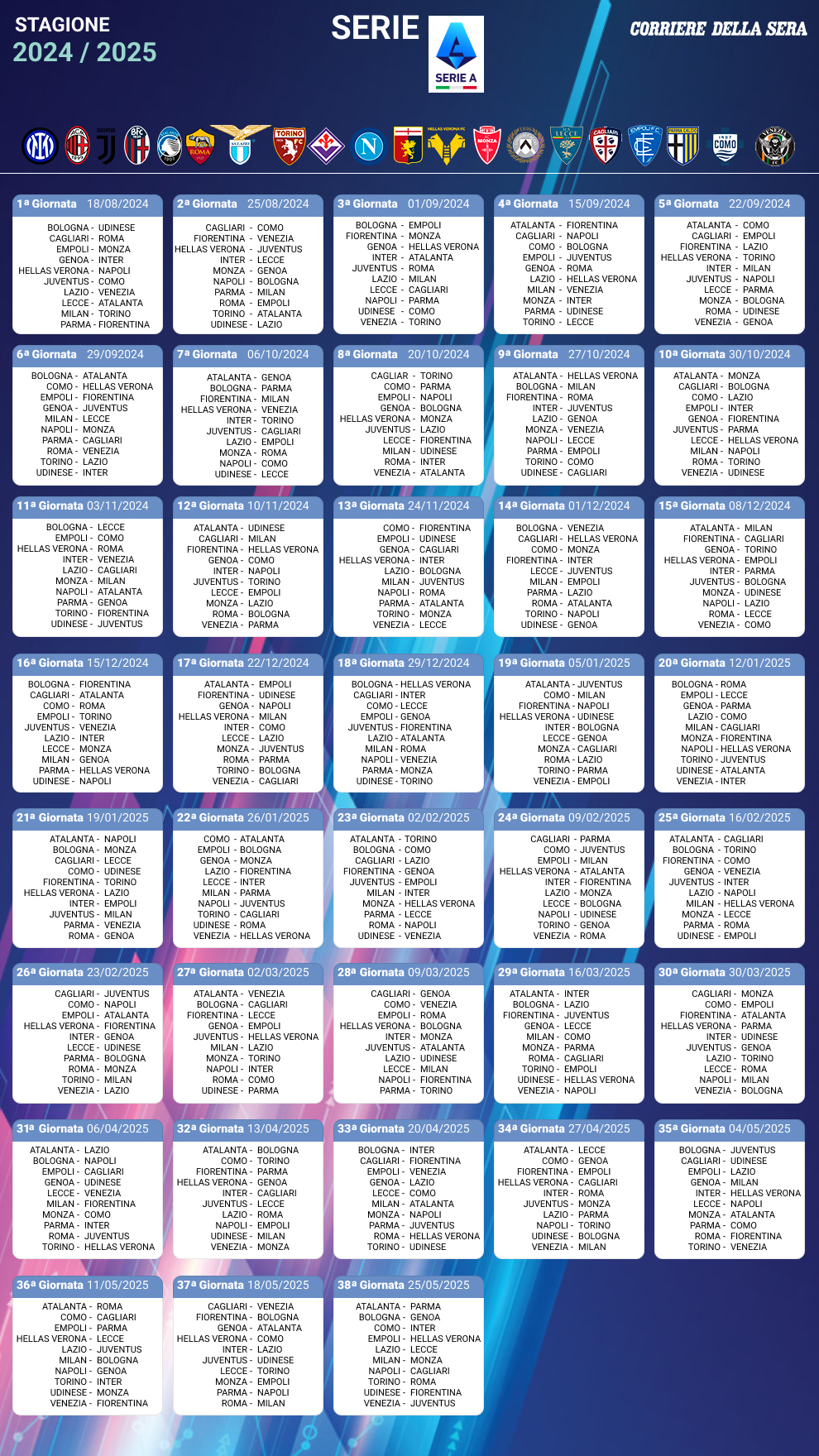 Serie A 2024-2025, Il Calendario Delle Partite Di Andata E Ritorno | Calendario Serie A 2025