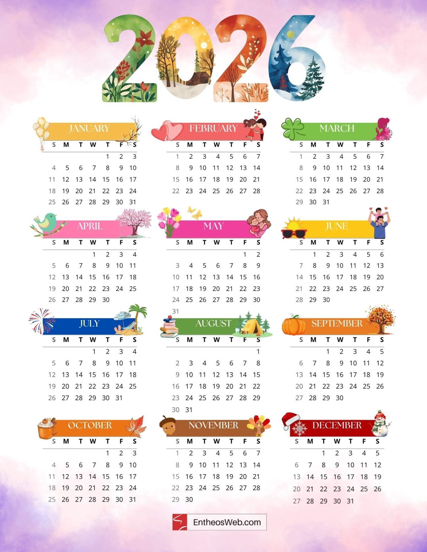 2026 Calendar Full Year One Page Printable | Entheosweb | Calendario 2026 Total