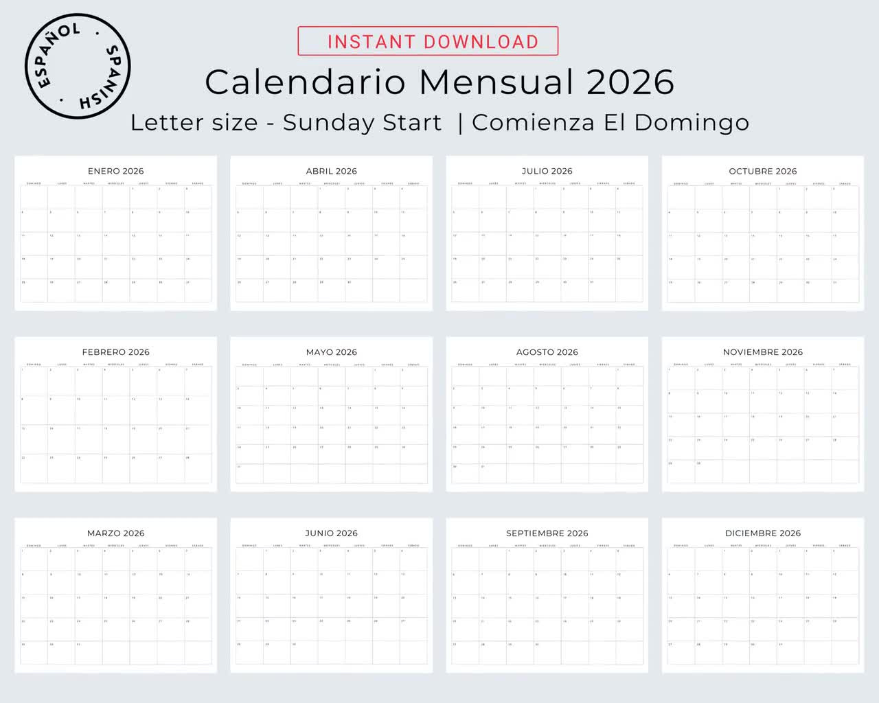 2026 Calendario En Español 2026 Spanischer Kalender Calendario Mensual 2026  Planer Auf Spanisch 2026 Minimalkalender Zum Ausdrucken Im A4-Letter-Format | Calendario 2026 Mensual