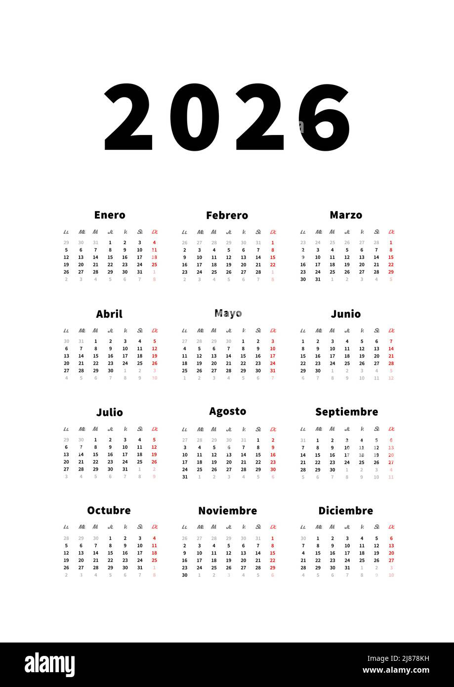 2026 Jahre Einfacher Vertikaler Kalender In Spanischer Sprache | Calendario Del 2026 En Español