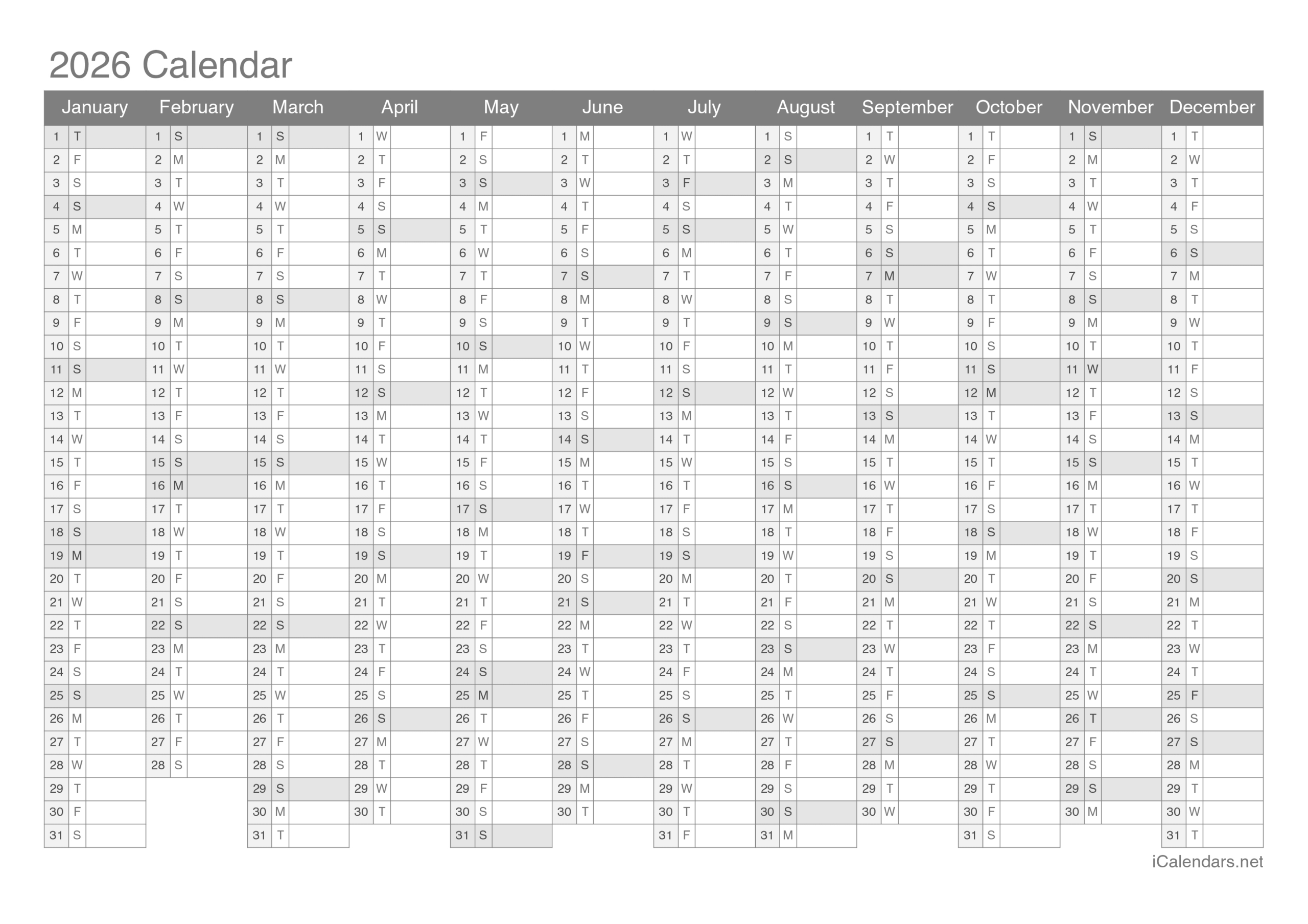 2026 Printable Calendar - Pdf Or Excel | Calendario Total 2026