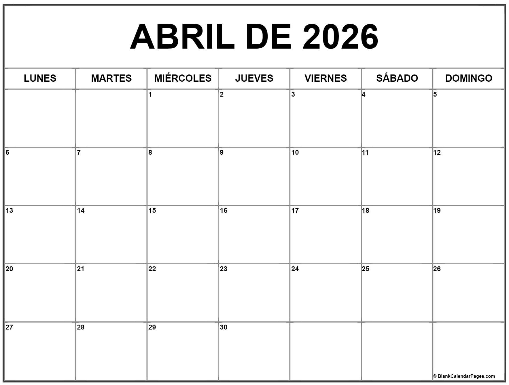 Abril De 2026 Calendario Gratis | Calendario Abril | Calendario Abril 2026 para Imprimir