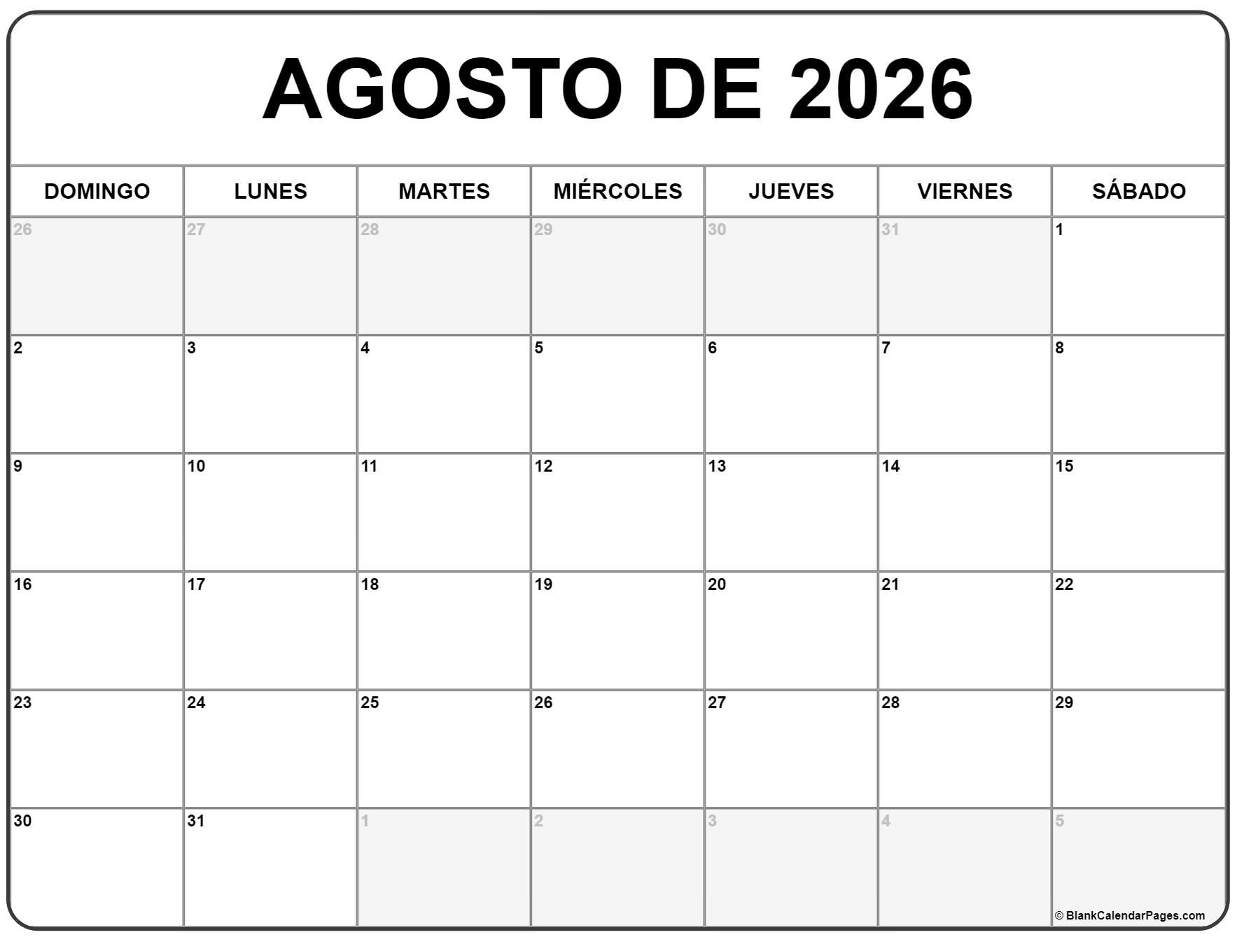 Agosto De 2026 Calendario Gratis | Calendario Agosto | Calendario Agosto 2026 Para Imprimir