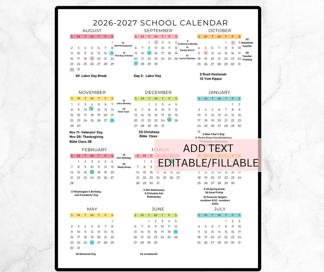 Bearbeitbarer Schuljahreskalender 2026-2027 Schulkalender | Calendario Escolar 2026 2027