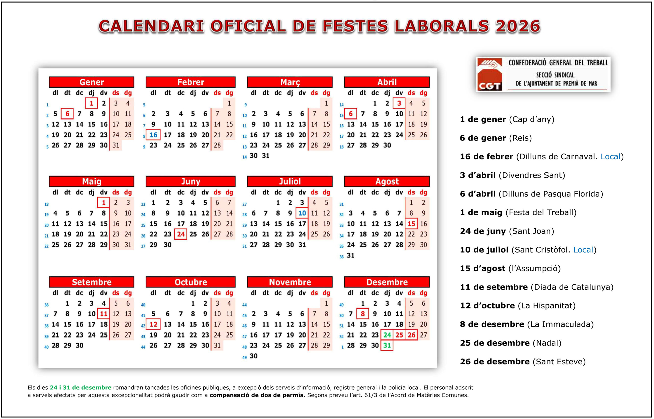 Blog De La Cgt : Calendari Oficial De Festes Laborals Per A L'Any 2026 | Calendari Festiu Catalunya 2026