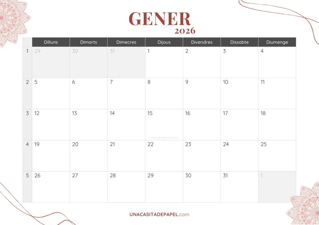 Calendari Català 2026 ❤️ Per Imprimir Pdf | Calendari 2026 per Imprimir