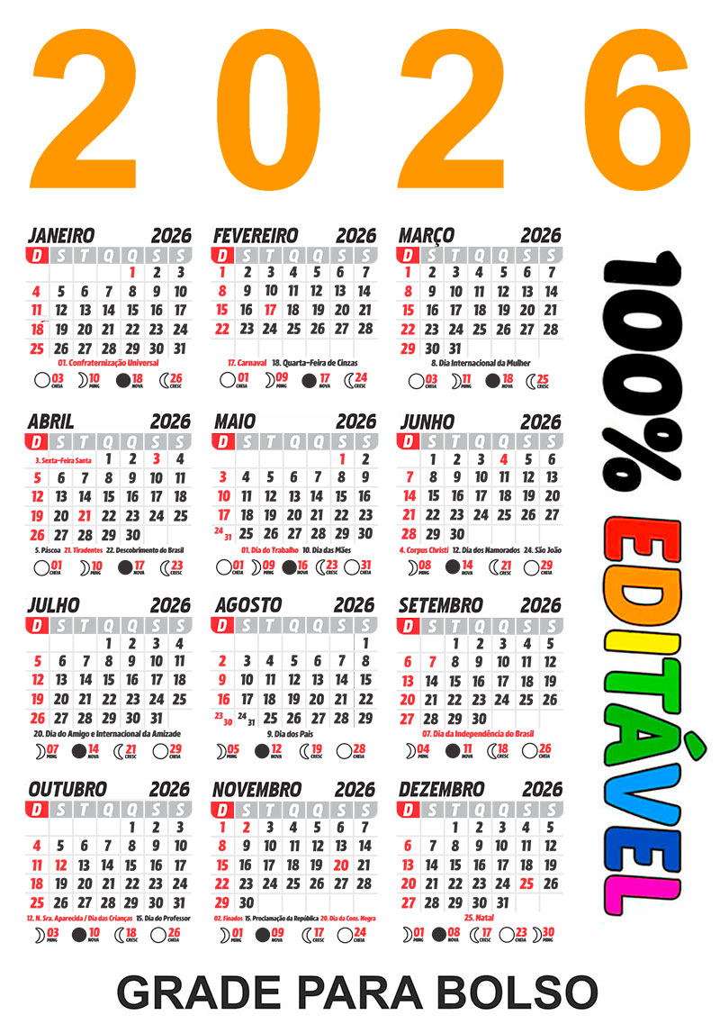 Calendário 2026 Brasileiro Com Feriados Nacionais De Bolso | Calendario De Feriados 2026