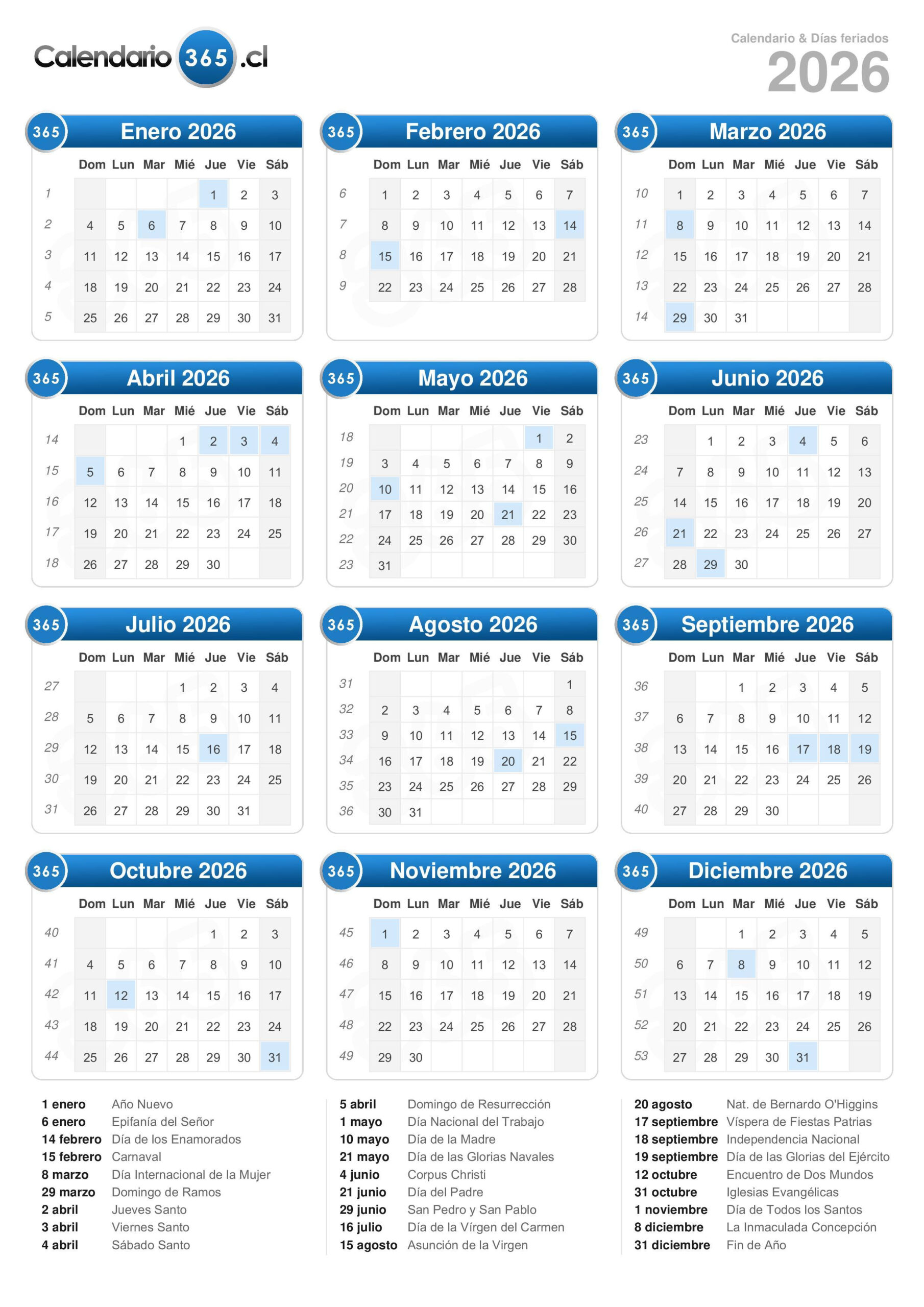 Calendario 2026 | Calendario 2026 Chile con Feriados