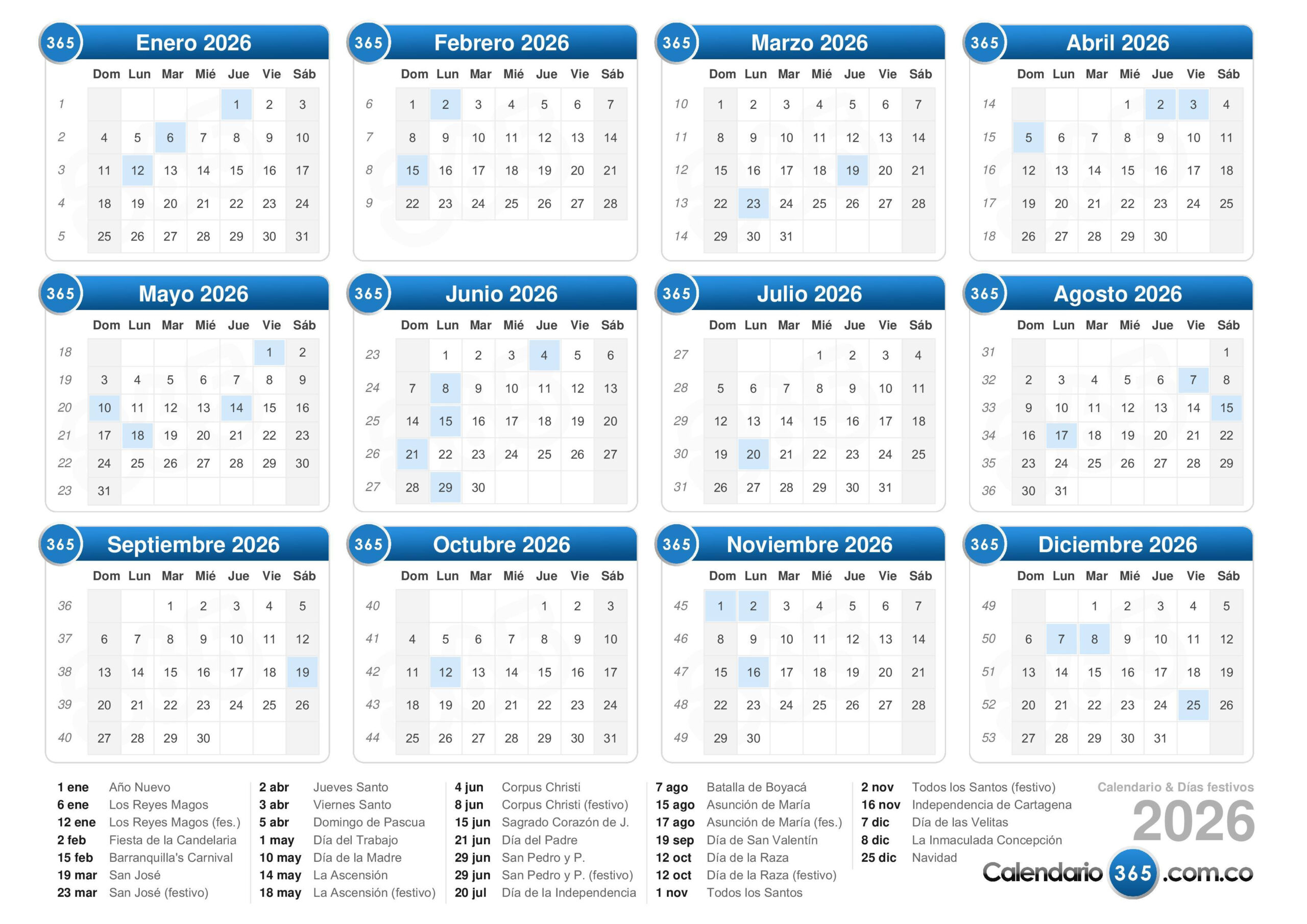 Calendario 2026 | Calendario 2026 con Festivos
