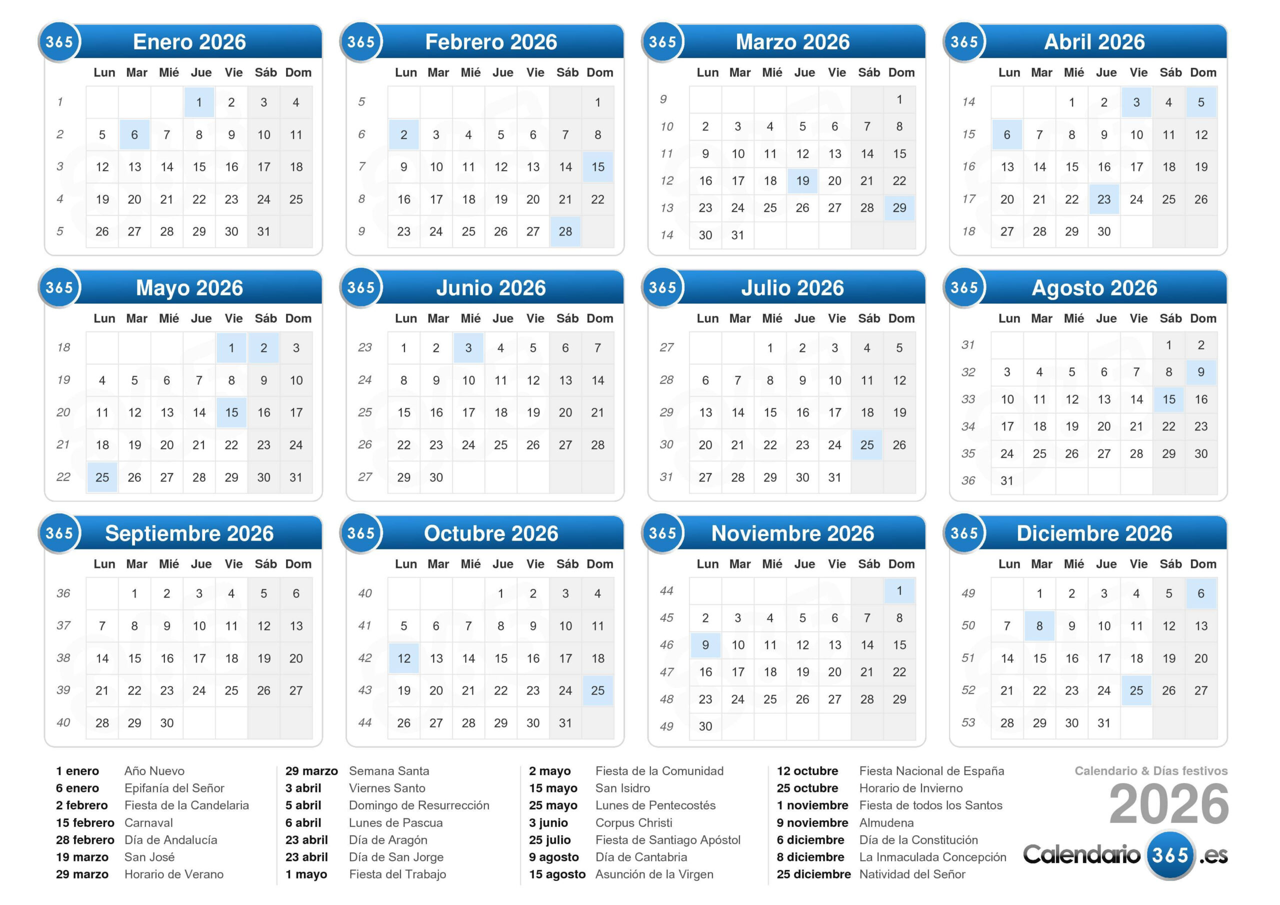 Calendario 2026 | Calendario 2026 Con Semanas Numeradas