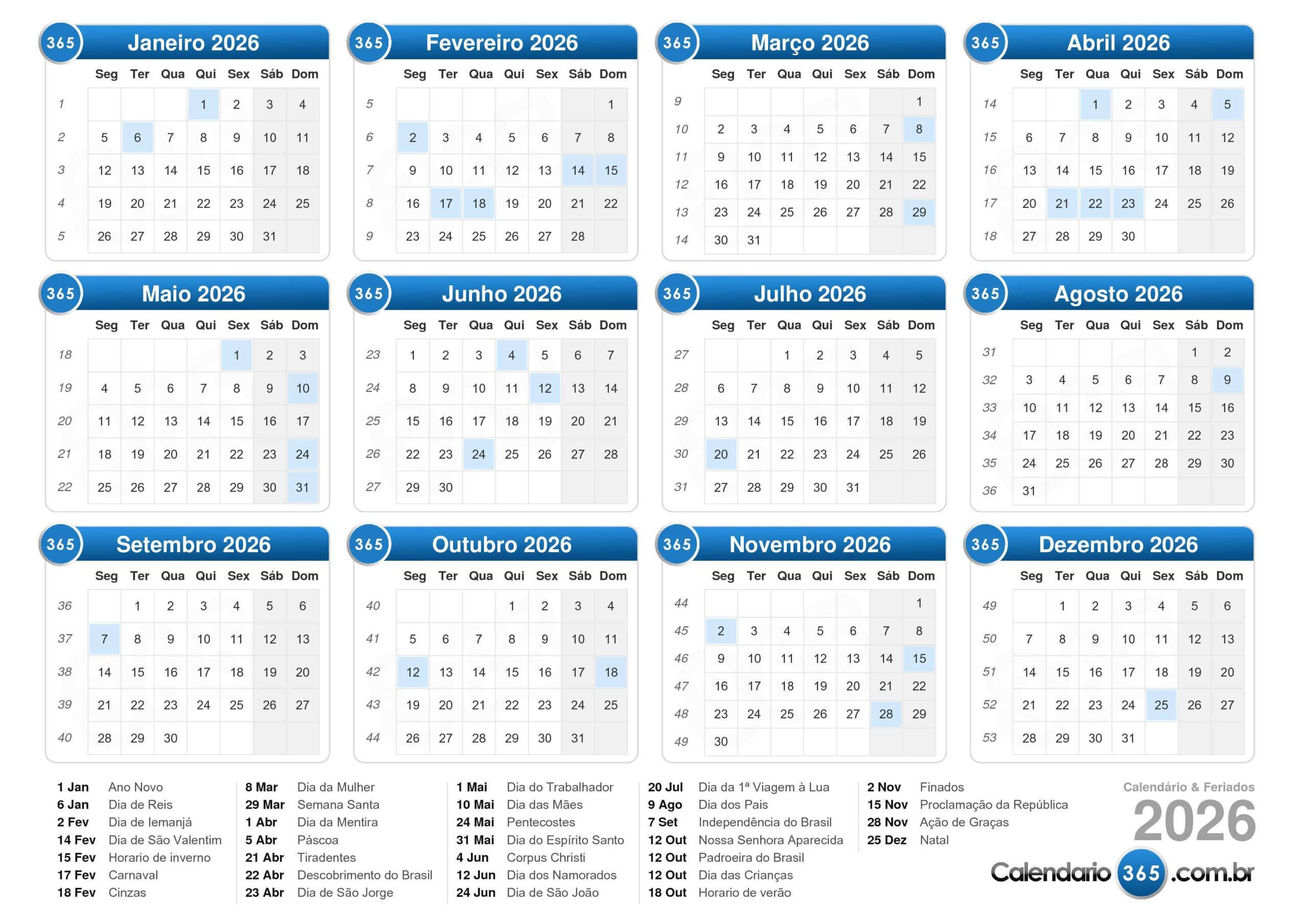 Calendário 2026 | Calendario 2026 Per Imprimir