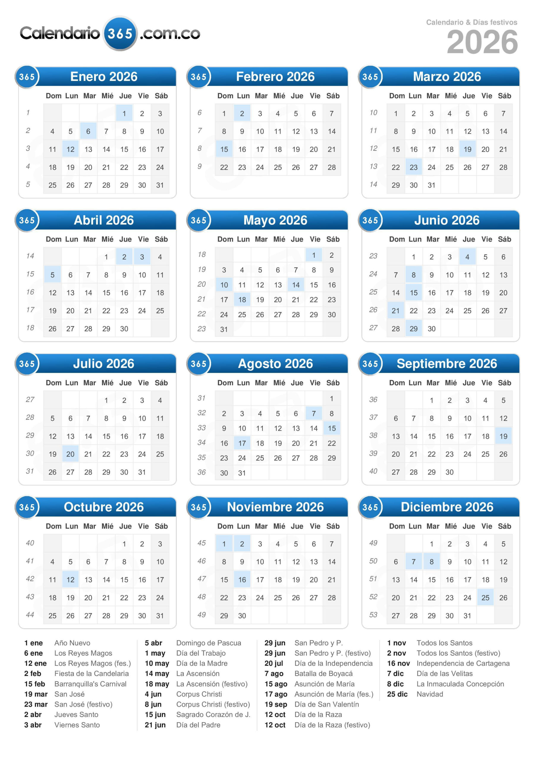 Calendario 2026 | Calendario con Festivos 2026
