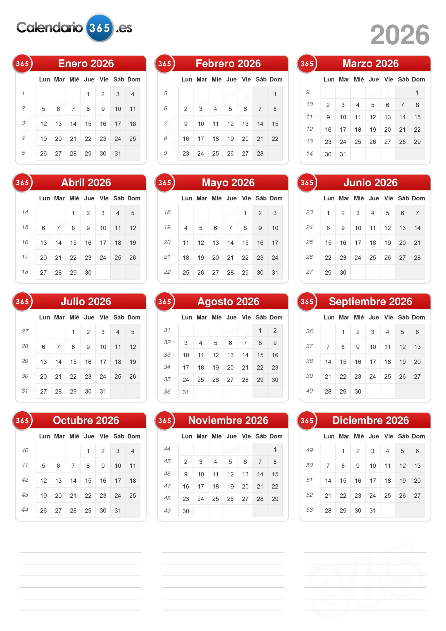 Calendario 2026 | Calendario De 2026 Completo
