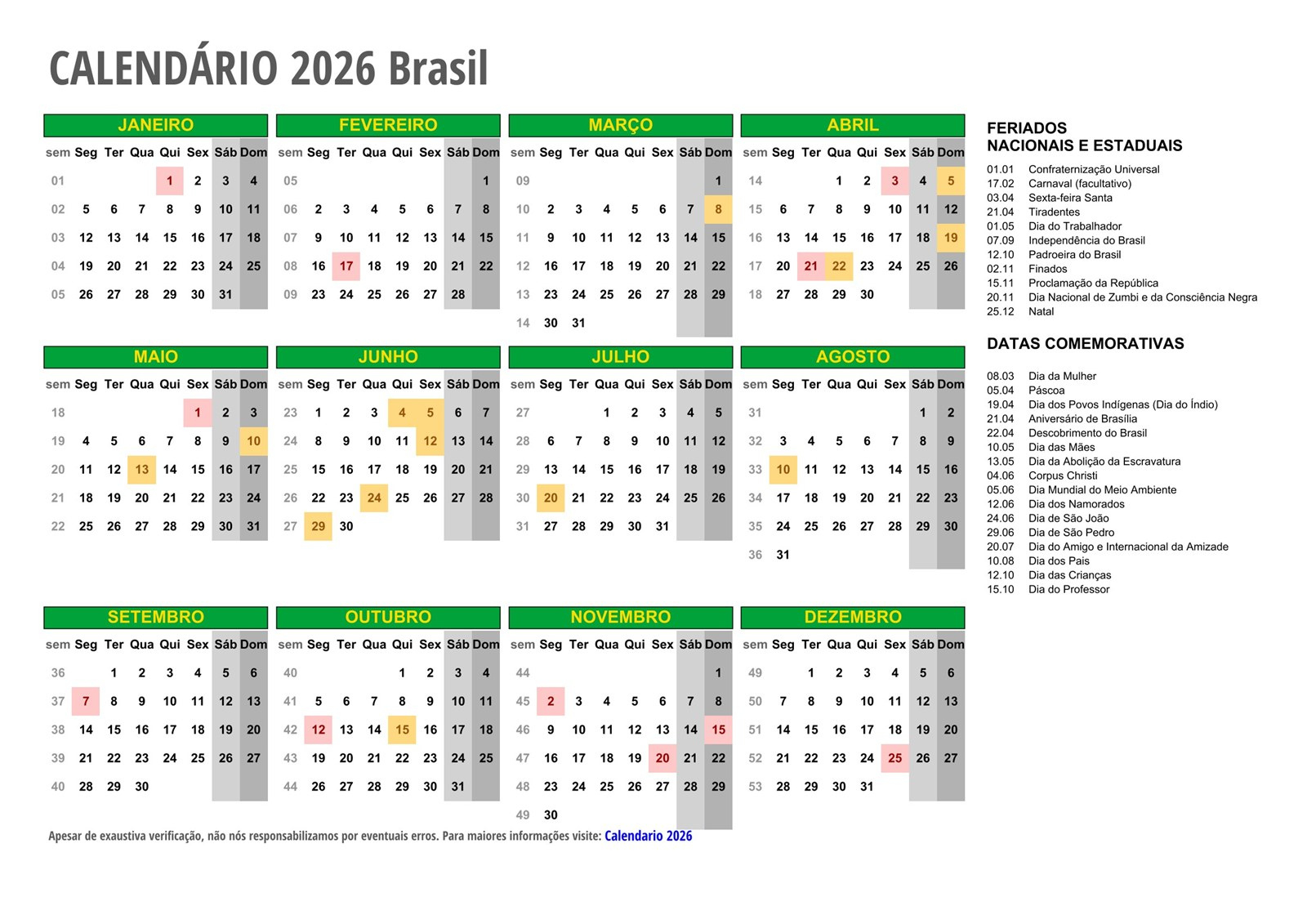 Calendário 2026 Com Feriados - Todos Os Estados | Calendario Carnaval 2026 Brasil