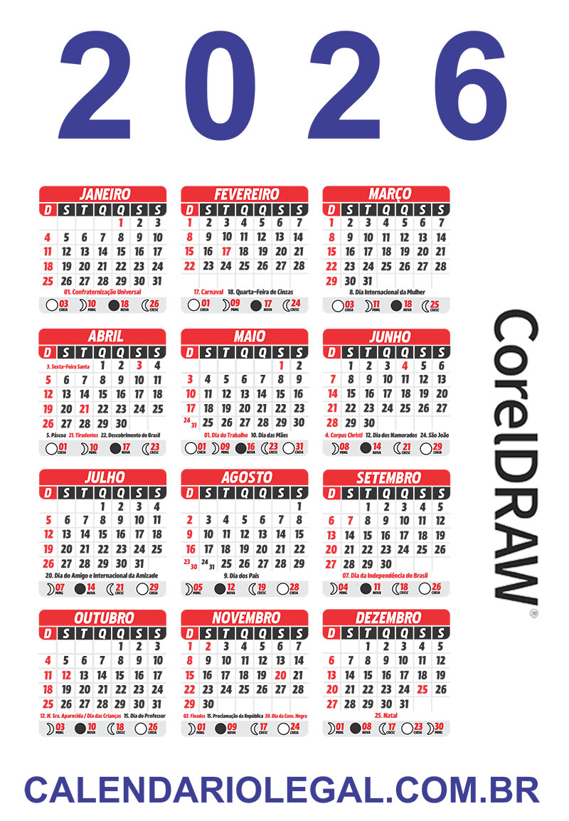 Calendário 2026 De Bolso Com Feriados Arquivo Digital | Calendario de 2026 Completo