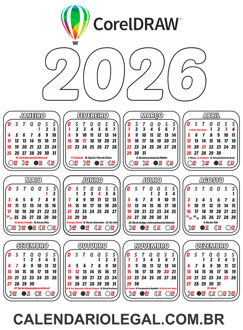 Calendário 2026 Desenho Para Colorir E Imprimir Vetor Cdr | Calendario 2026 Imprimir