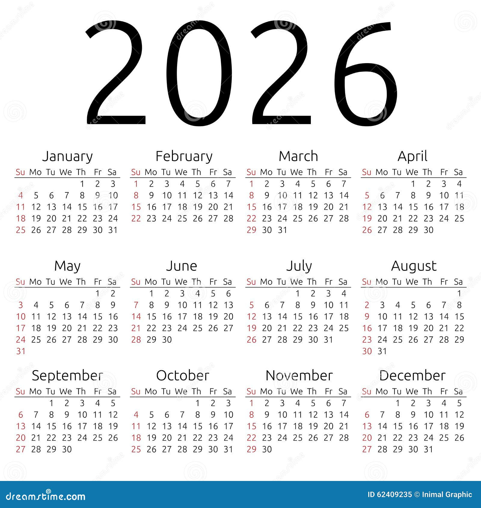 Calendario 2026, Domingo Del Vector Ilustración Del Vector | Calendario del Año 2026
