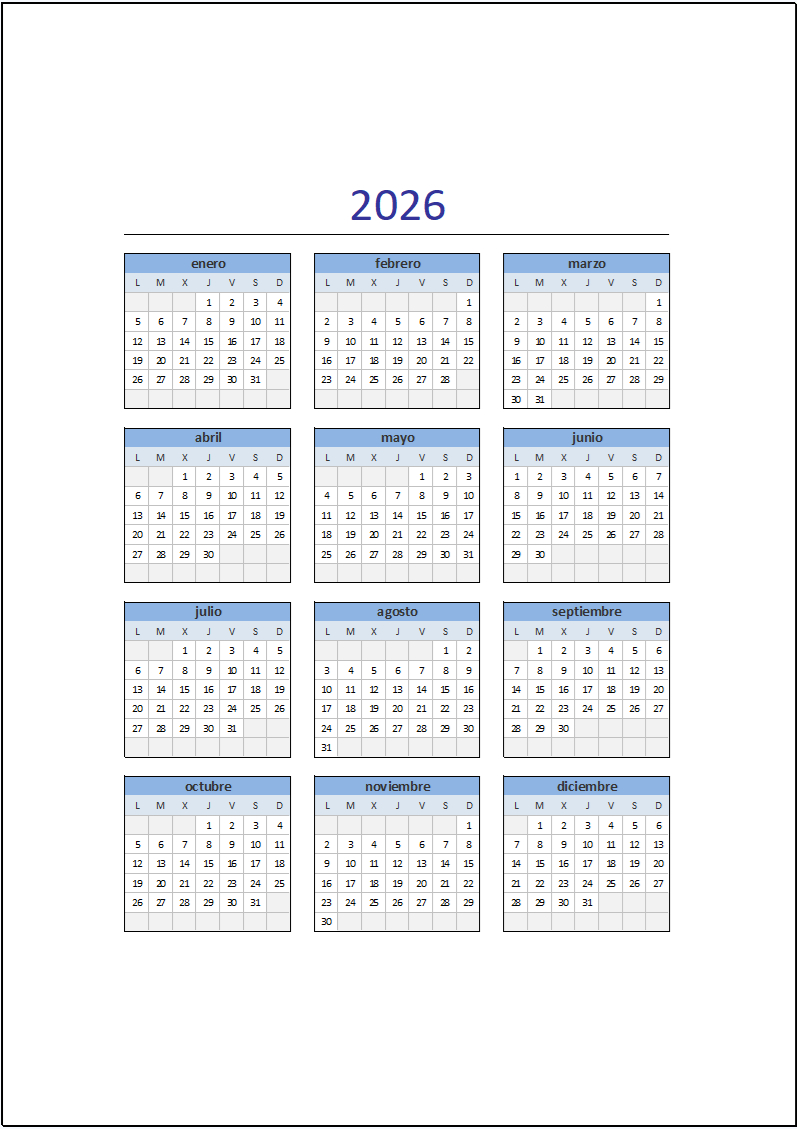 Calendario 2026 En Excel - Excel Total | Calendario Anual 2026