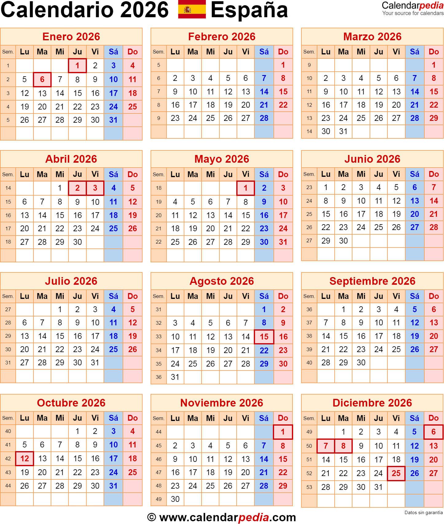 Calendario 2026 En Pdf, Excel Y Word | Calendarpedia | Calendario 2026 España