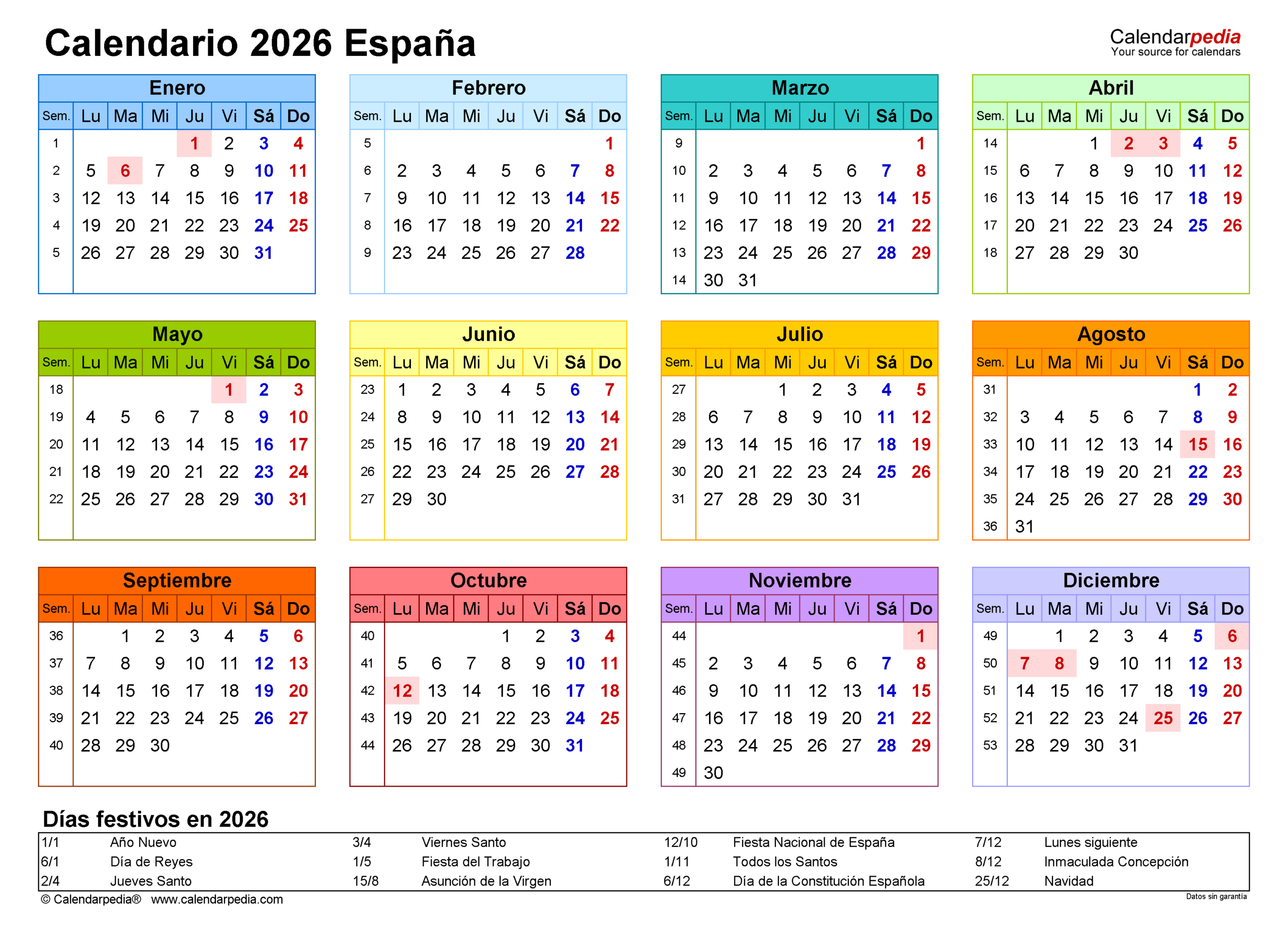 Calendario 2026 En Pdf, Excel Y Word | Calendarpedia | Plantilla Calendario Laboral 2026
