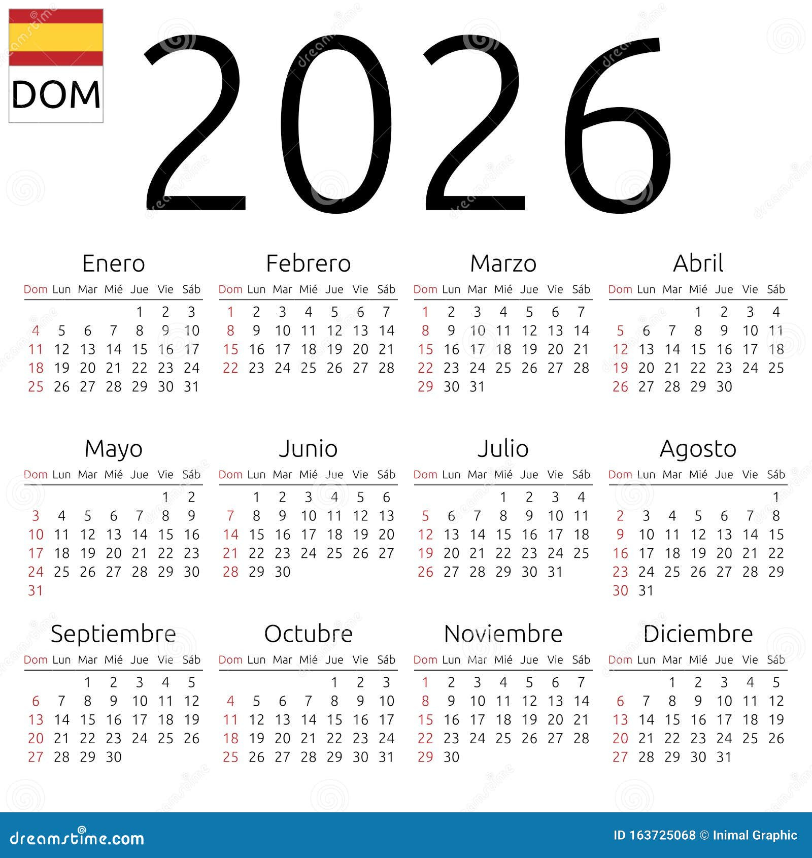 Calendario 2026, Español, Domingo Ilustración Del Vector | Calendario 2026 en Español para Imprimir
