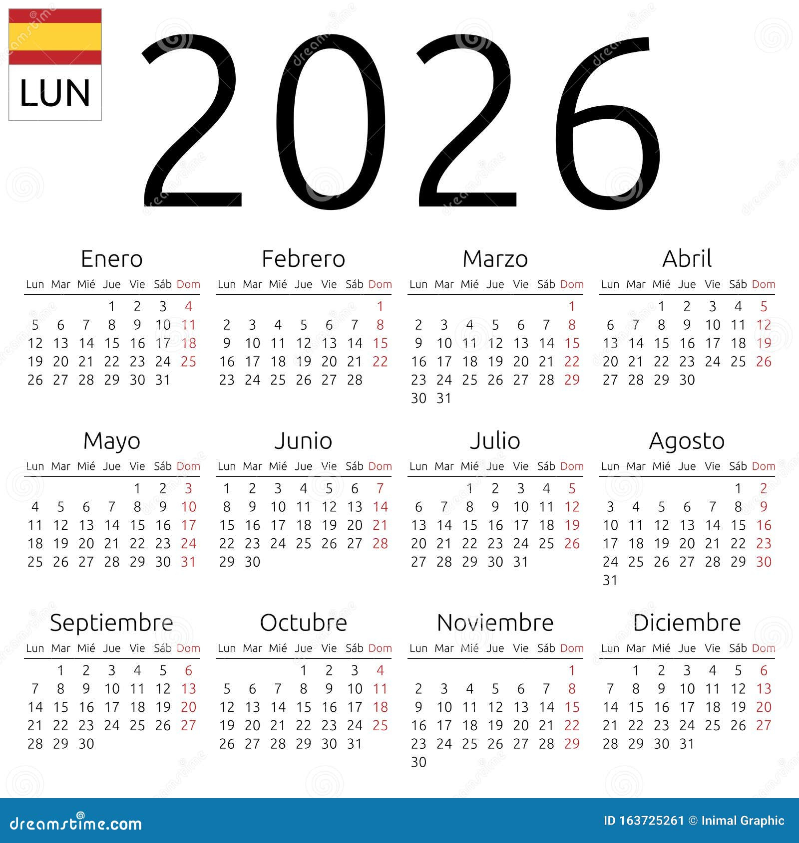 Calendario 2026, Español, Lunes Ilustración Del Vector | Calendario 2026 En Español