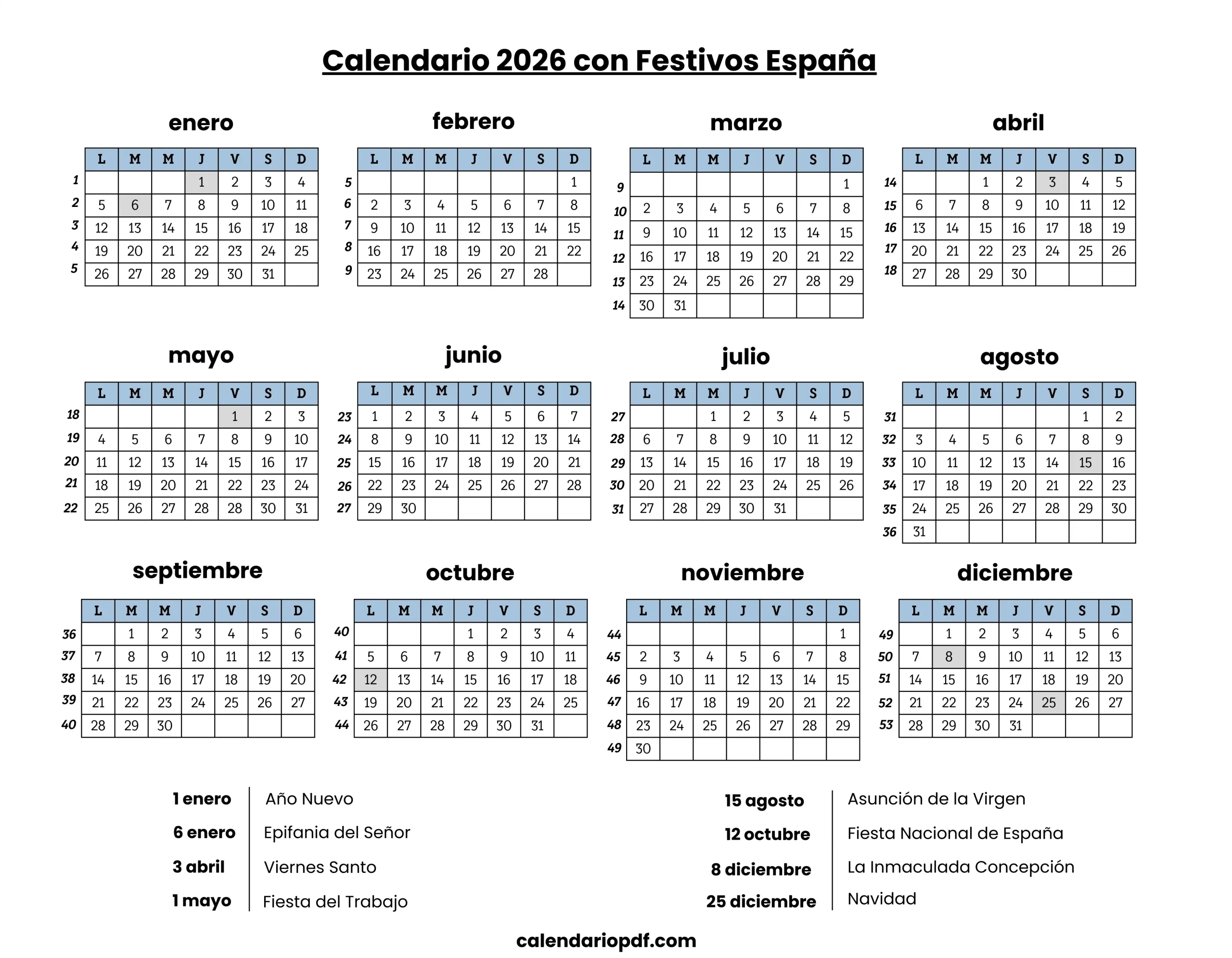 Calendario 2026 Para Imprimir (Pdf, Excel) Con Festivos | Calendario 2026 con Número de Semanas