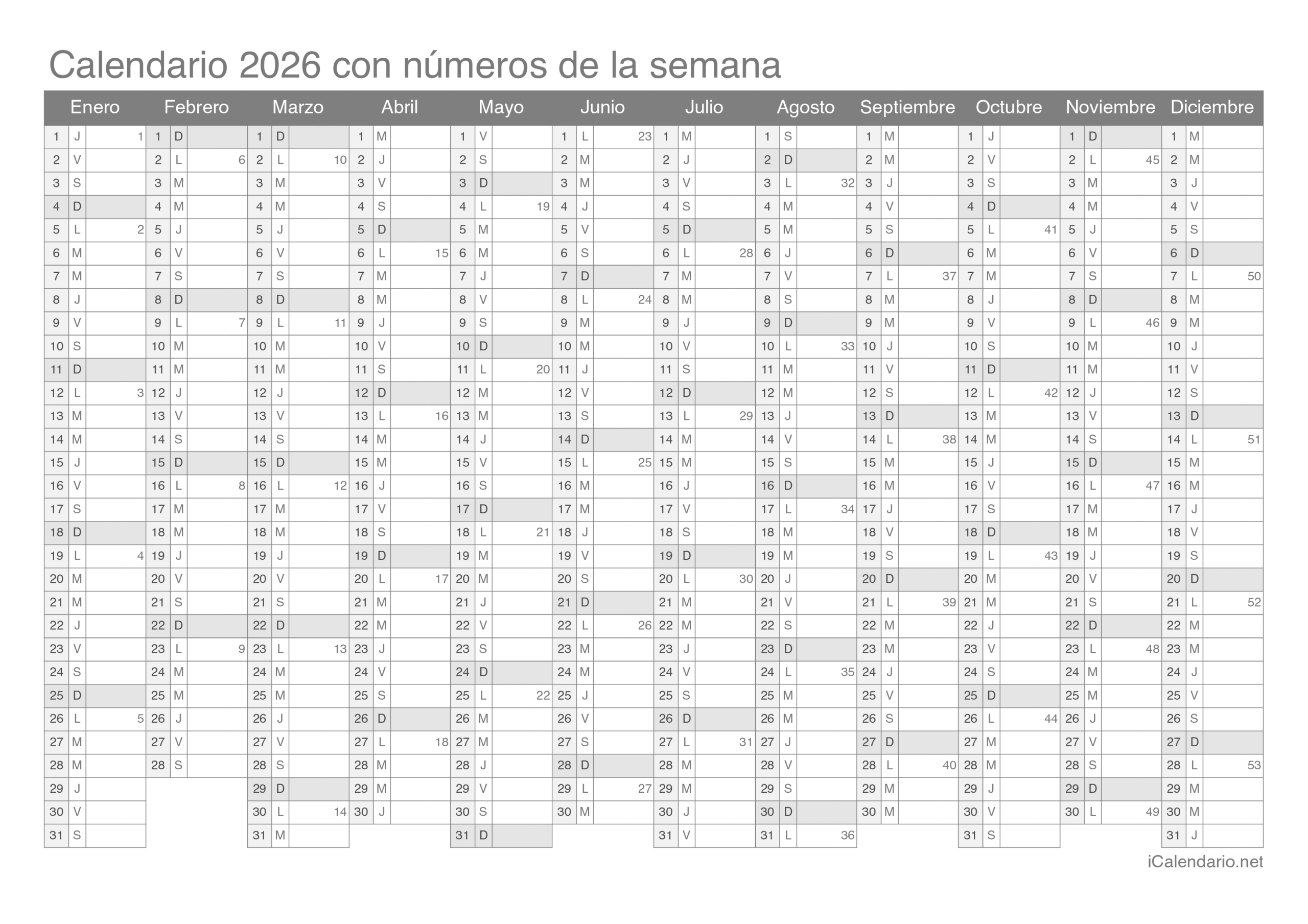 Calendario 2026 Para Imprimir Pdf Y Excel | Calendario 2026 Con Semanas