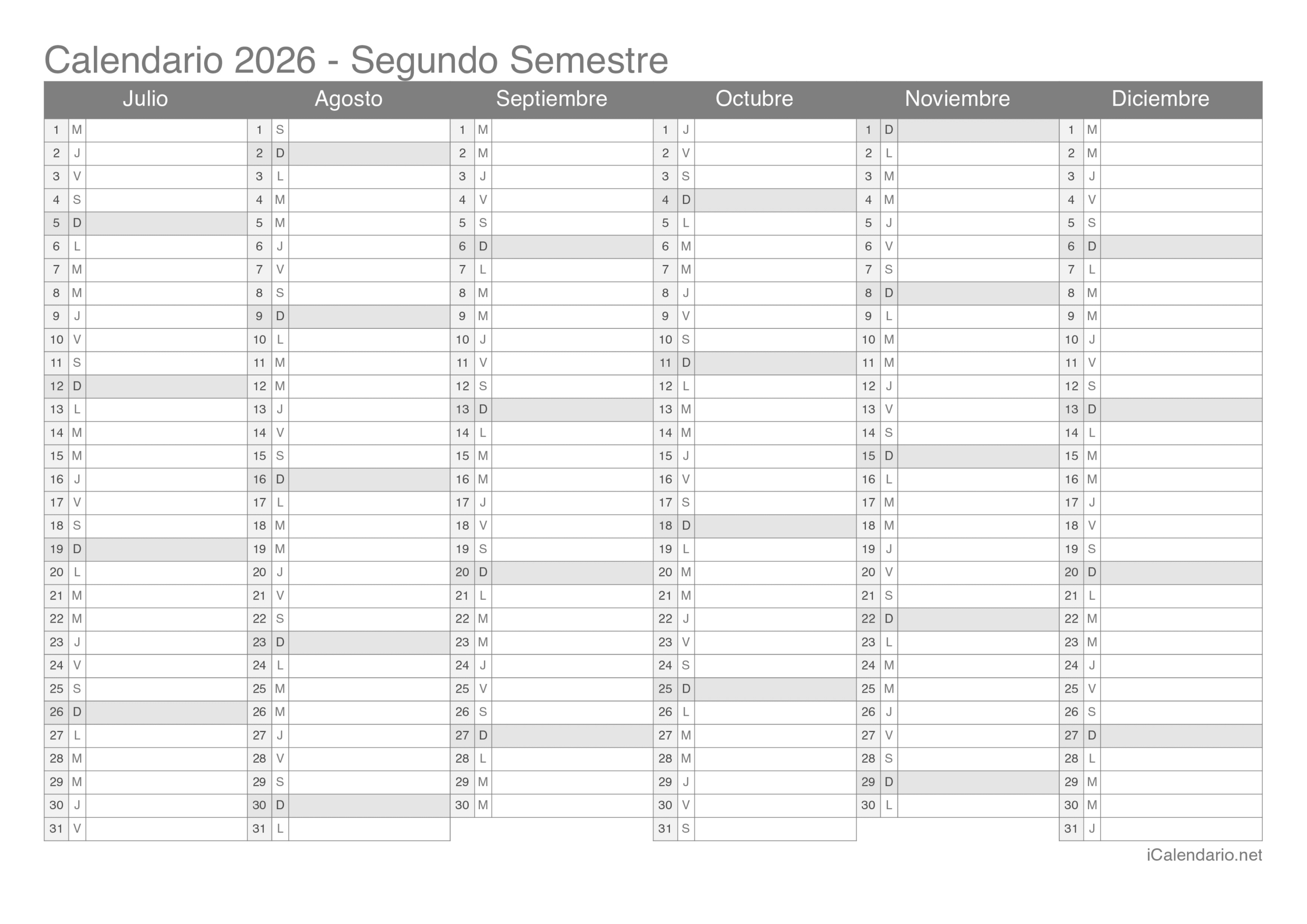 Calendario 2026 Para Imprimir Pdf Y Excel | Calendario 2026 para Escribir
