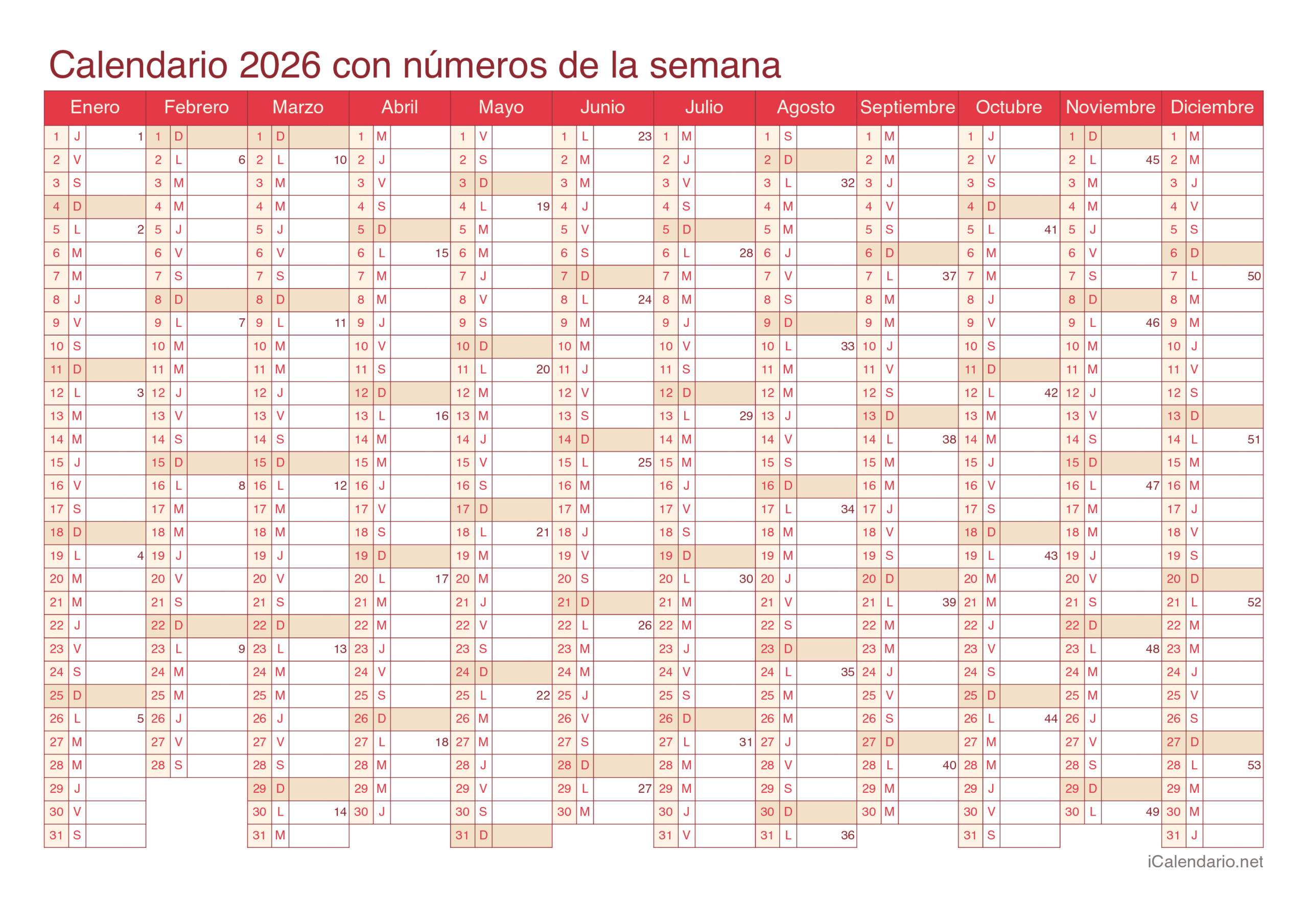 Calendario 2026 Para Imprimir Pdf Y Excel | Calendario Anual 2026 para Imprimir