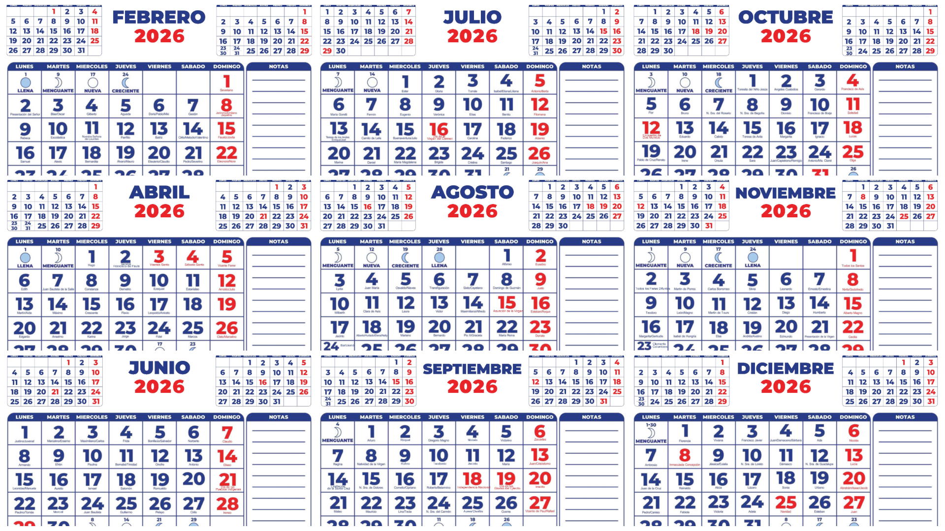 Calendario 2026 Santoral Y Fases De La Luna - Imagenes Educativas | Calendario 2026 Gratis