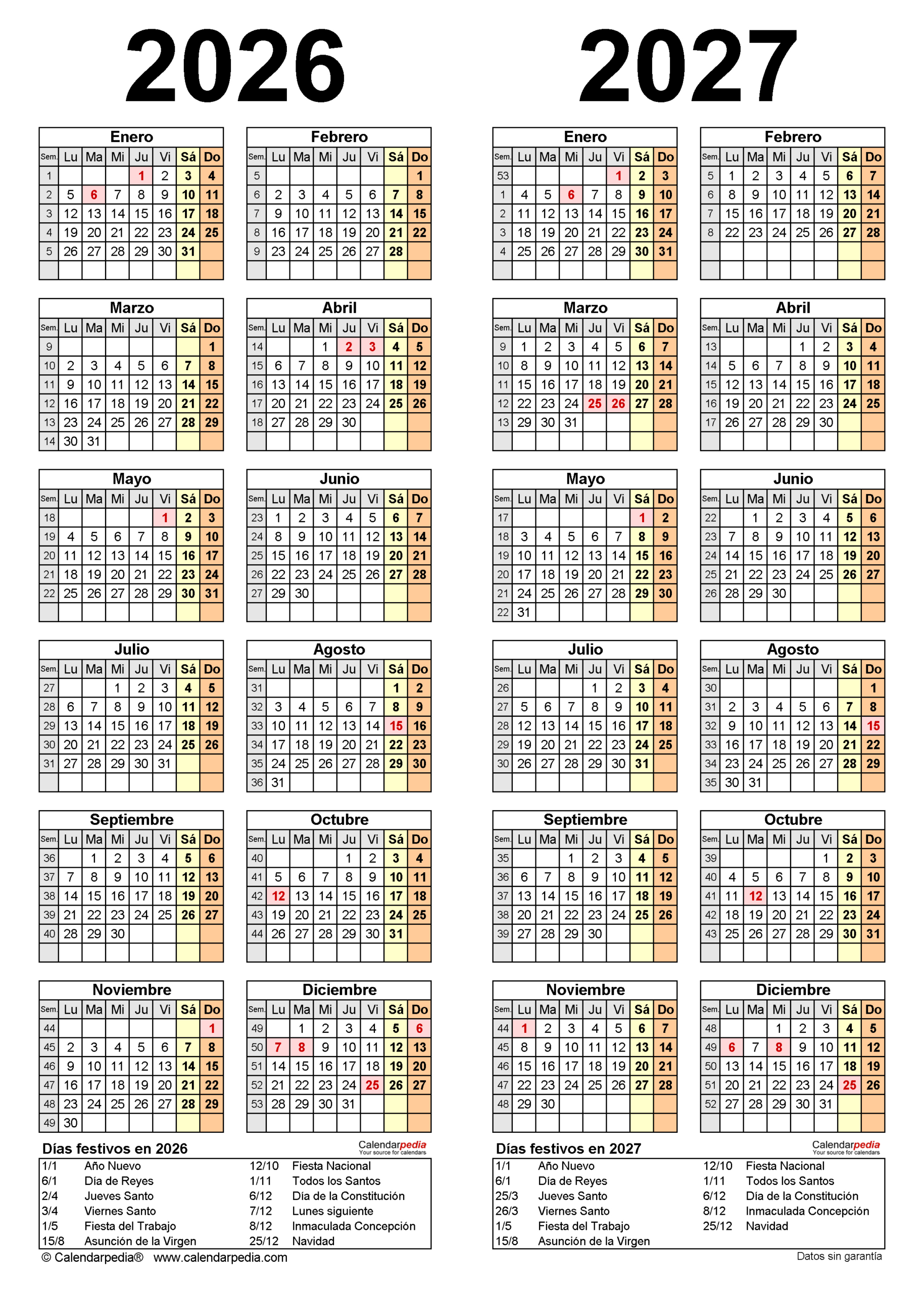 Calendario 2026 Y 2027 En Pdf, Excel Y Word | Calendarpedia | Calendario 2026 Y 2027