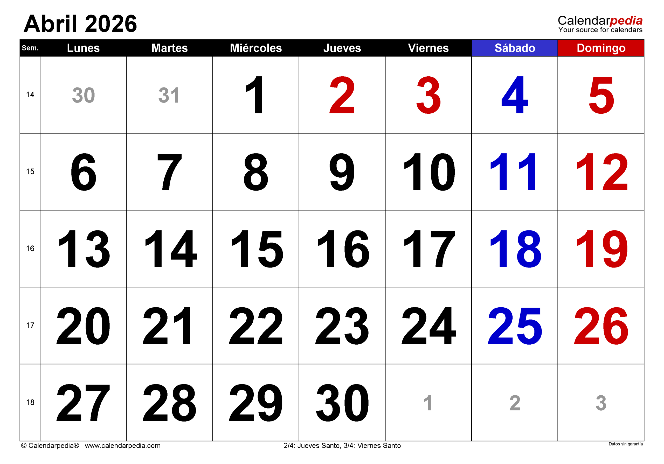 Calendario Abril 2026 En Pdf, Excel Y Word | Calendarpedia | Calendario Abril 2026 para Imprimir