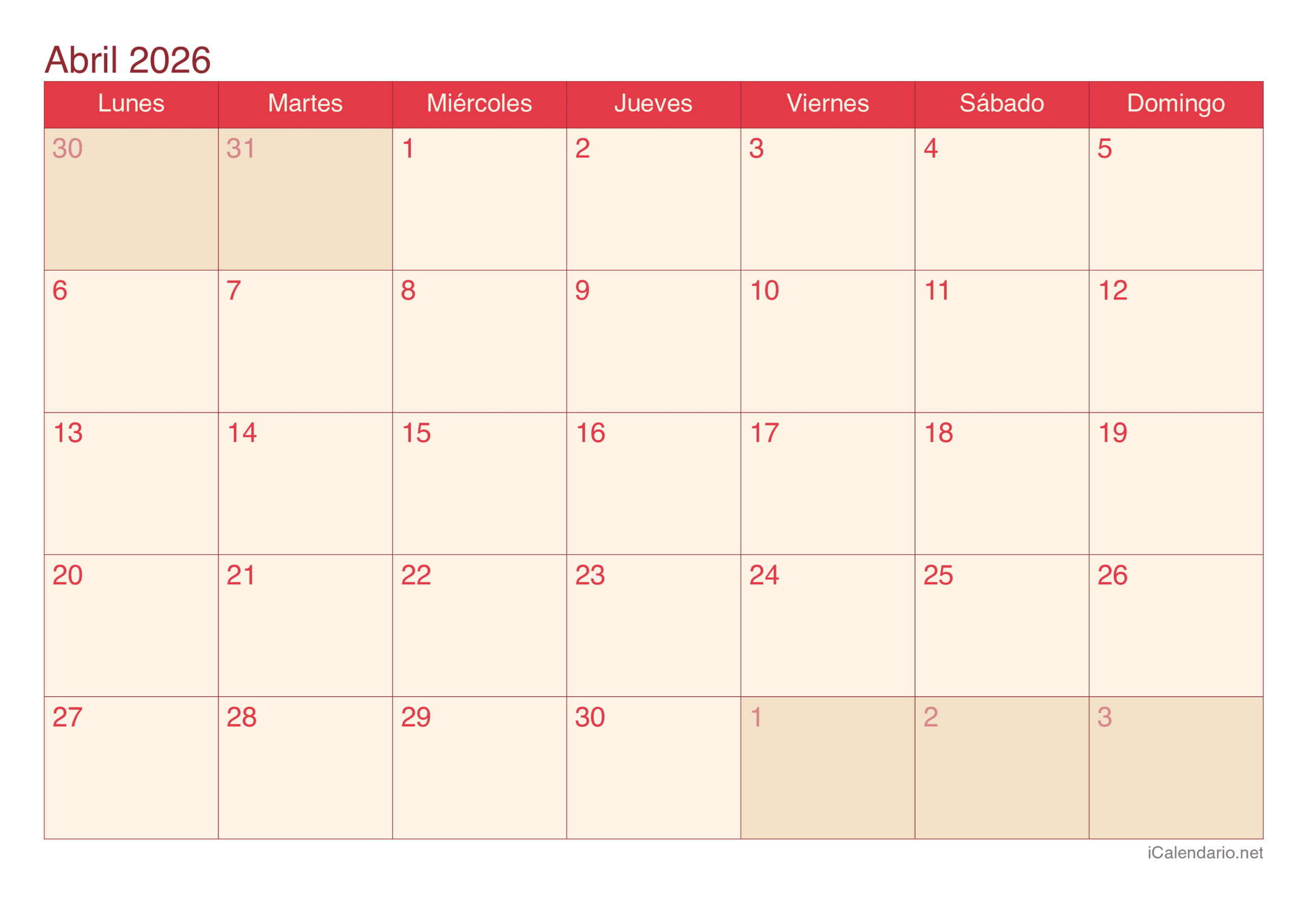 Calendario Abril De 2026 Para Imprimir | Calendario Abril 2026 Para Imprimir