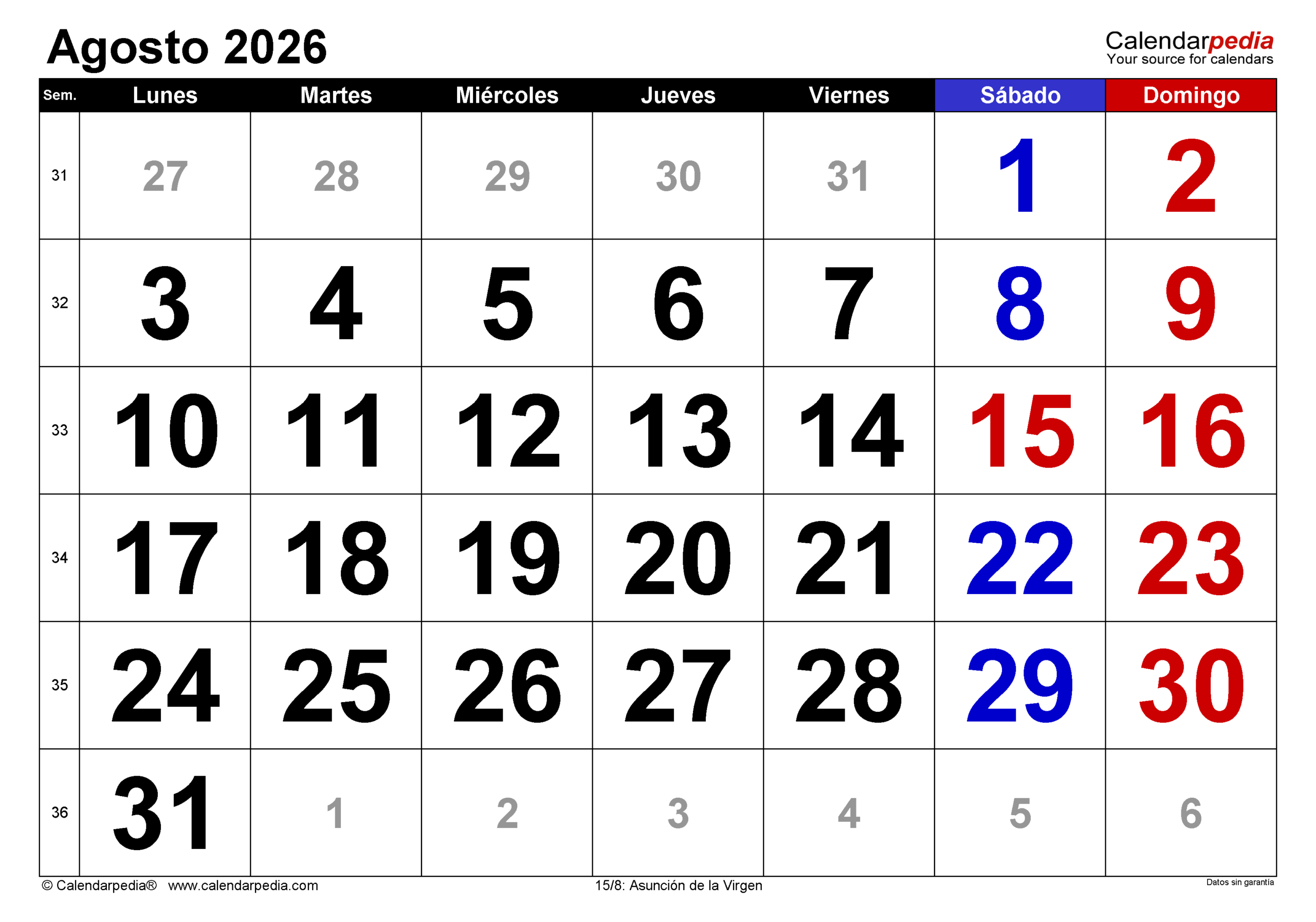 Calendario Agosto 2026 En Pdf, Excel Y Word | Calendarpedia | Calendario Agosto 2026 Para Imprimir