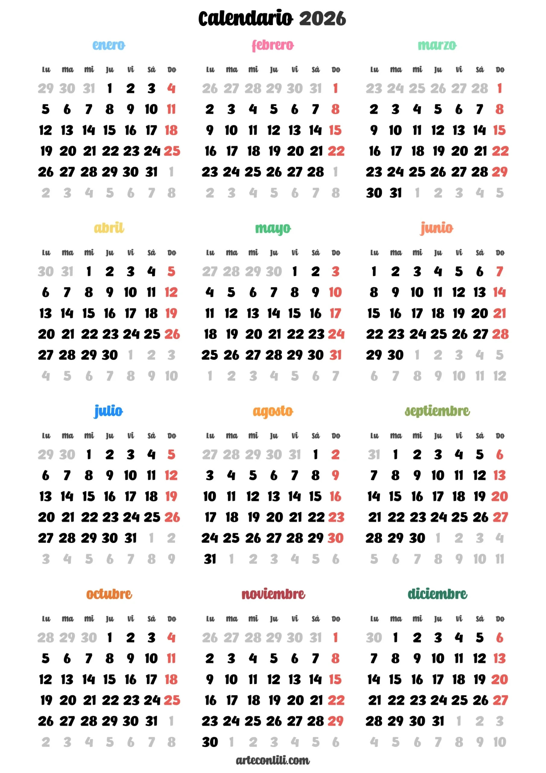 Calendario Anual Mensual 2026 Para Imprimir Gratis En Pdf | Calendario 2026 Descargar Gratis
