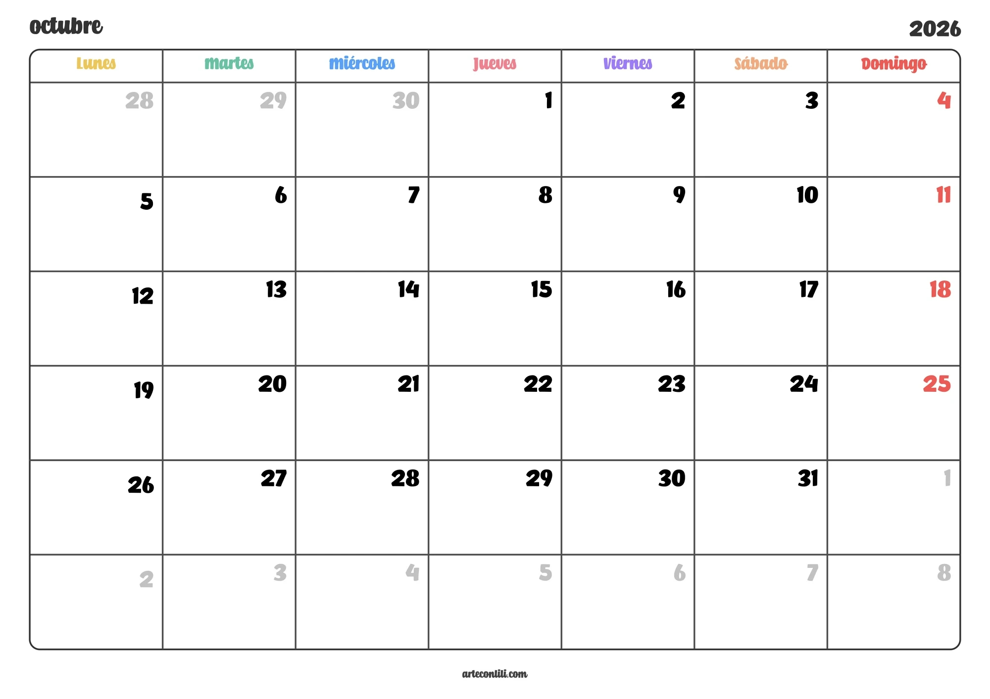 Calendario Anual Mensual 2026 Para Imprimir Gratis En Pdf | Calendario 2026 Gratis