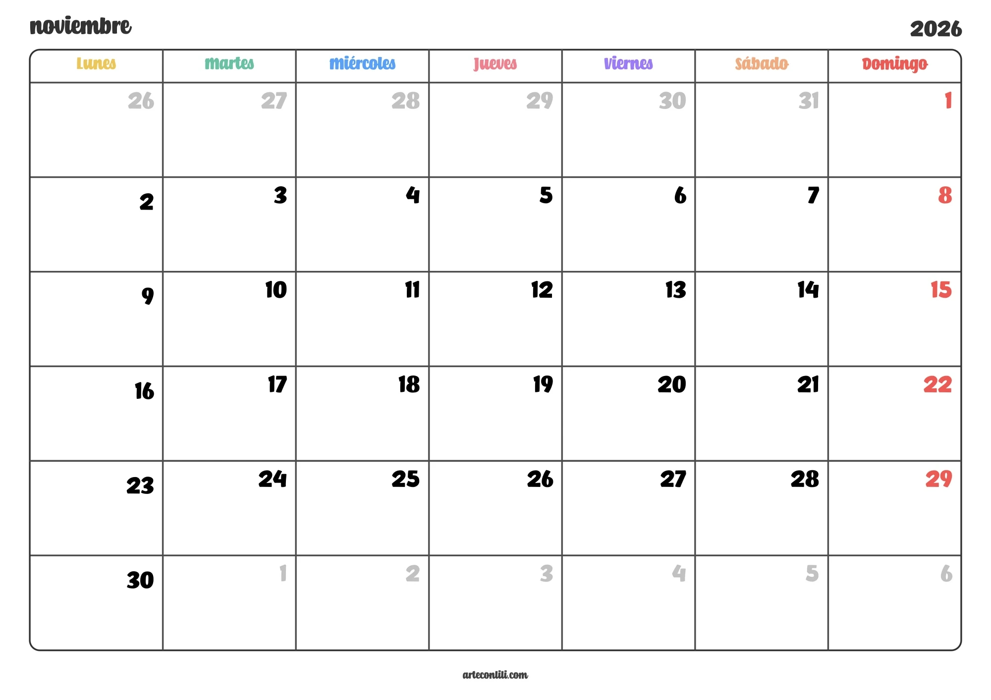 Calendario Anual Mensual 2026 Para Imprimir Gratis En Pdf | Calendario Anual 2026 para Imprimir Gratis