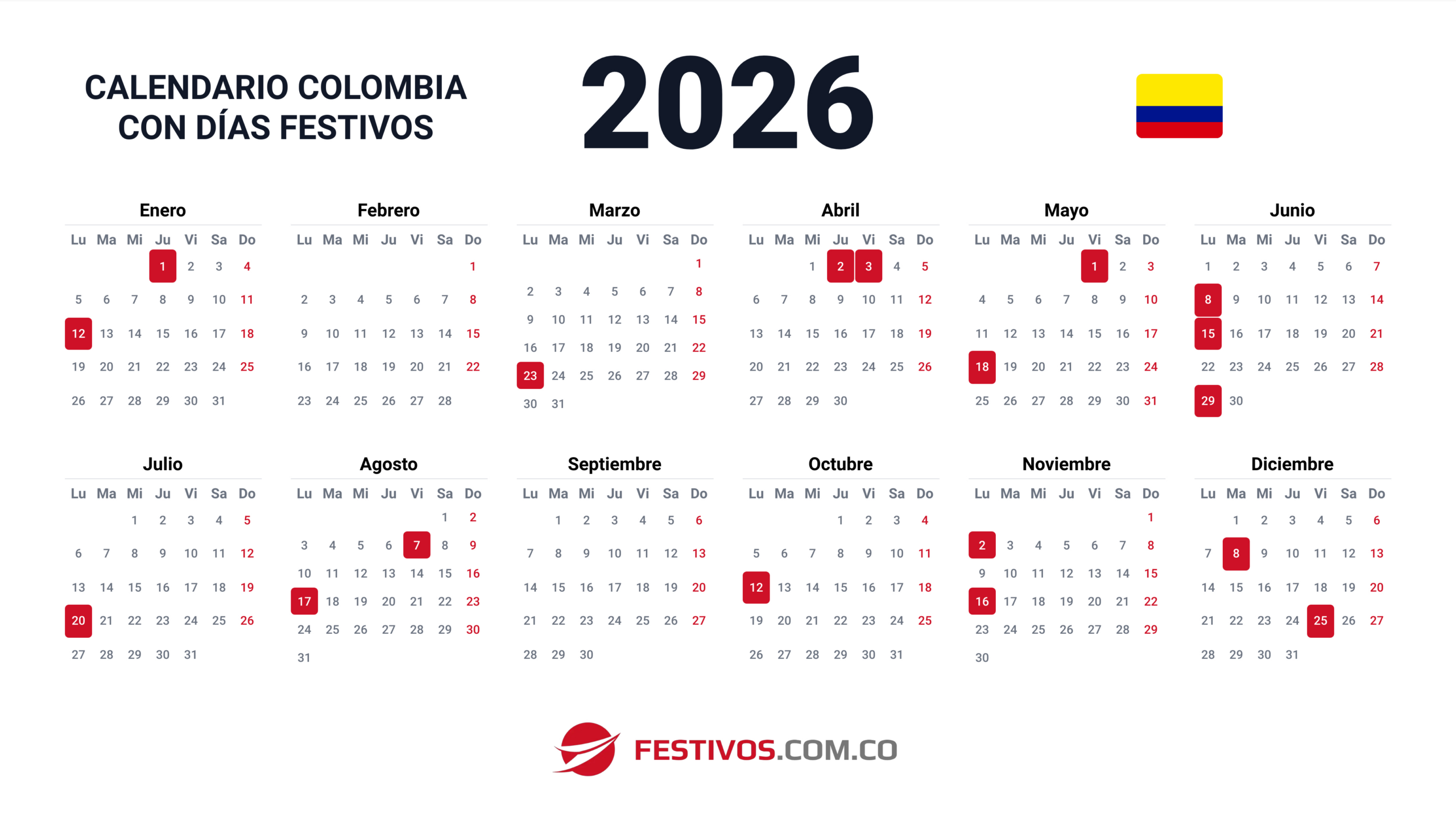 Calendario De Colombia 2026 Con Festivos | Calendario Año 2026 Colombia