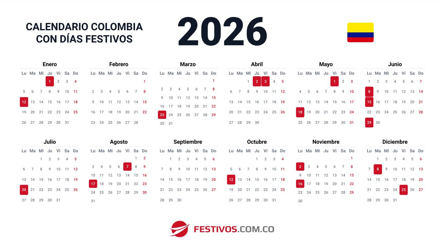 Calendario De Colombia 2026 Con Festivos | Calendario Enero 2026 con Festivos