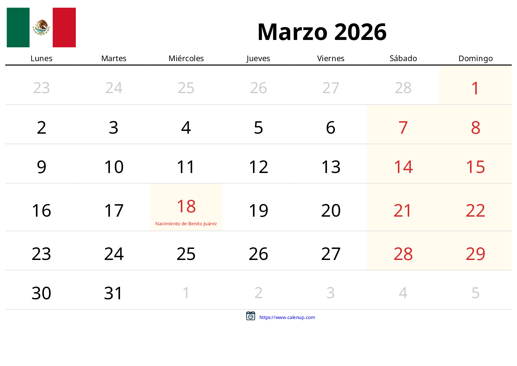 Calendario De Marzo De 2026 (México): Festivos Y Eventos Del Mes | Calendario Marzo 2026 con Festivos