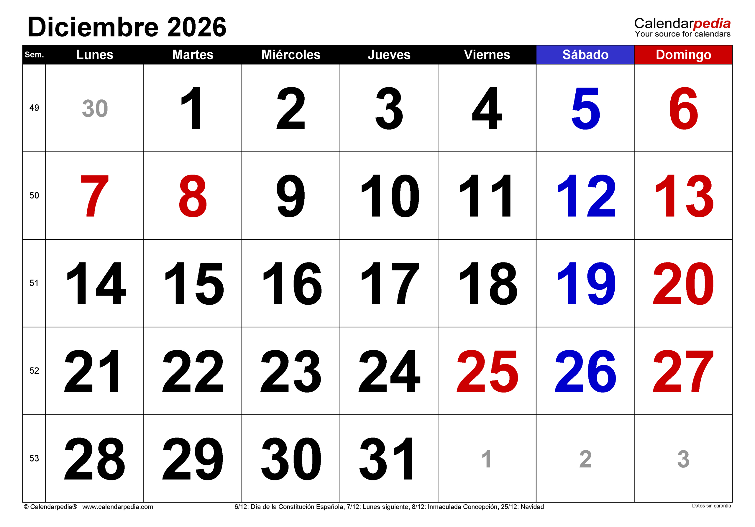 Calendario Diciembre 2026 En Pdf, Excel Y Word | Calendarpedia | Calendario Diciembre 2026 para Imprimir